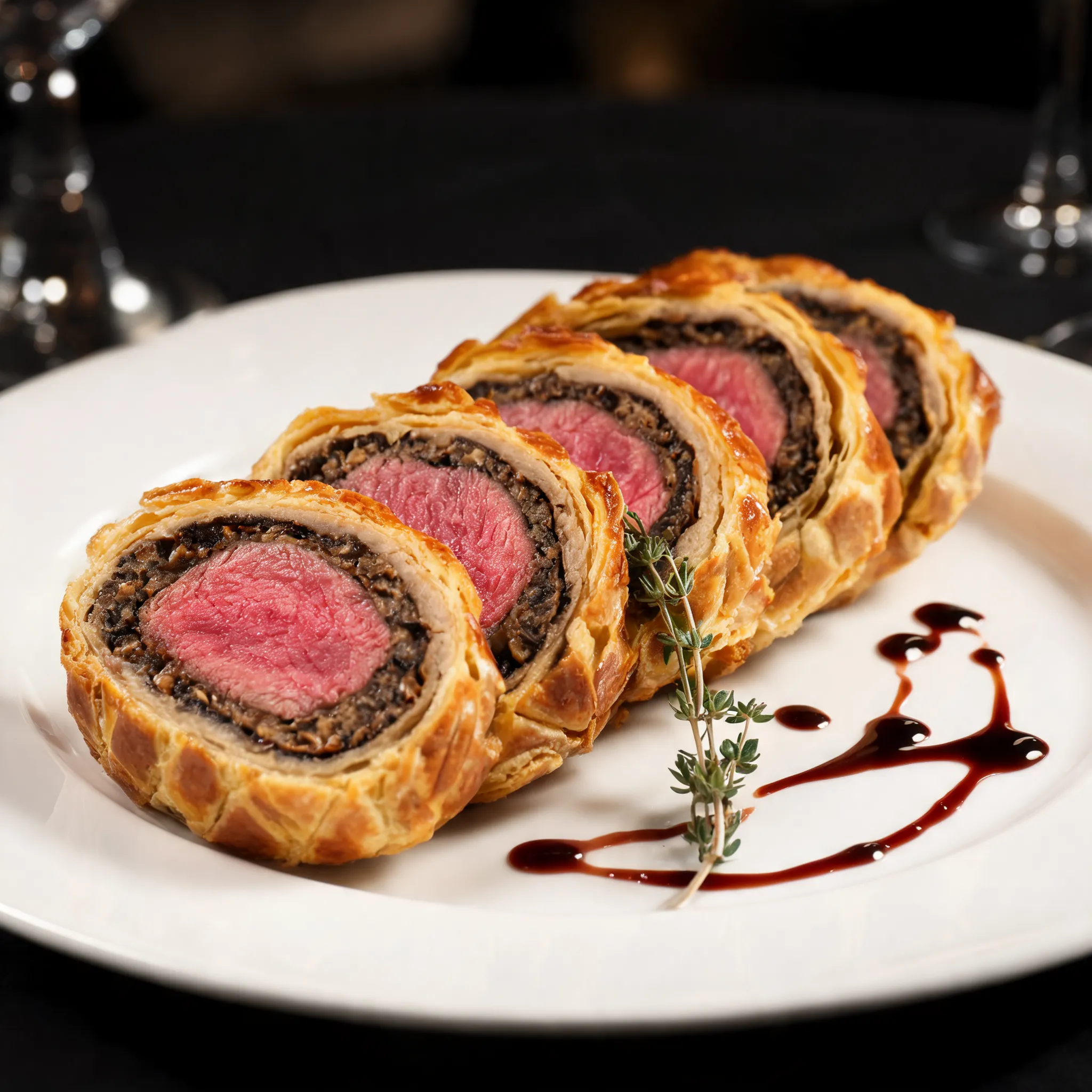 Beef Wellington, perfectly baked puff pastry wrapped beef fillet, golden crust, sliced cross-section showing juicy pink beef and mushroom duxelles, elegant fine dining plating, luxury restaurant presentation, cinematic food photography, soft studio lighting, ultra realistic, 8K, premium menu advertising image
