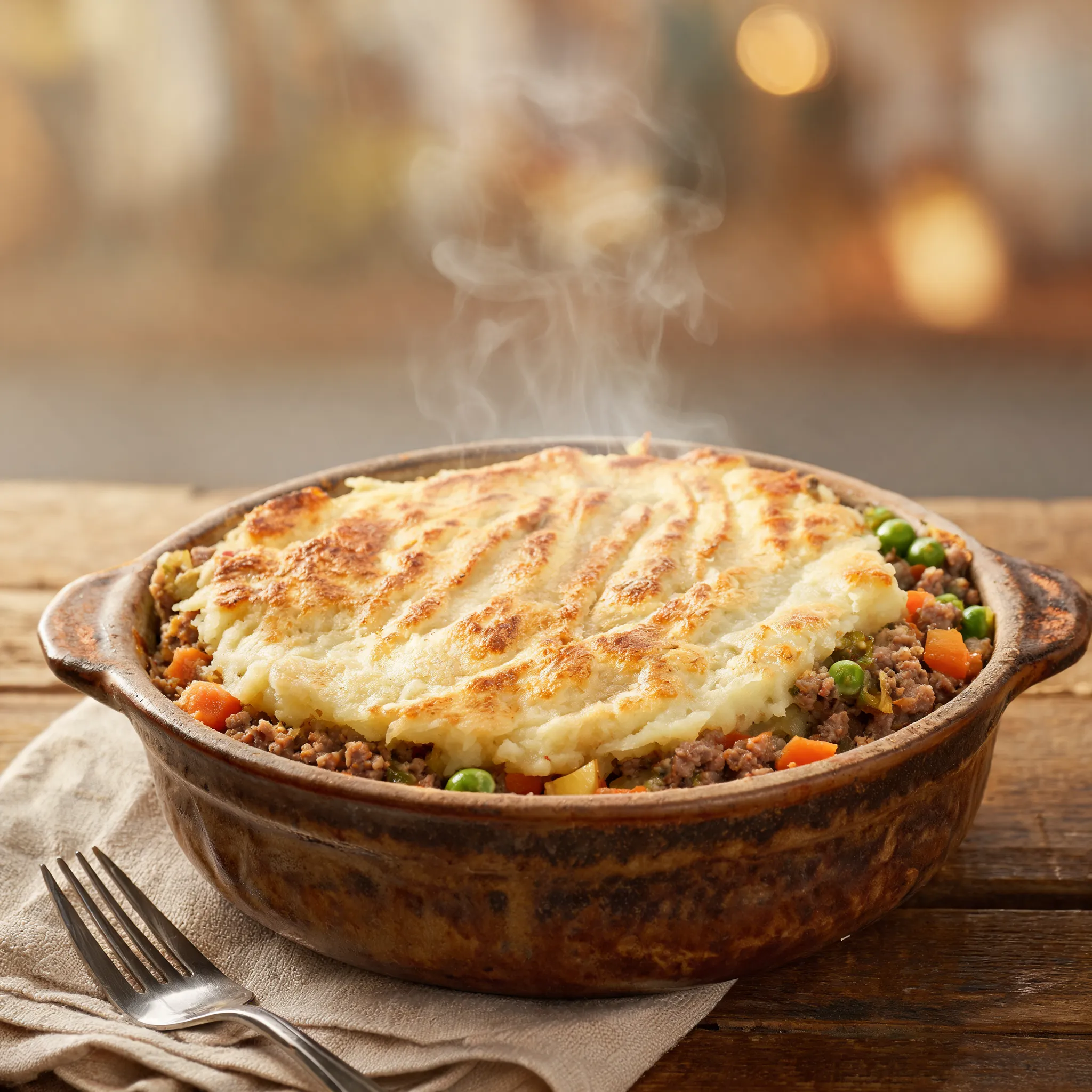 Shepherd’s pie, baked minced lamb with vegetables, creamy mashed potato golden crust, steaming hot rustic casserole dish, hearty comfort food style, traditional British home cooking aesthetic, commercial food photography, warm lighting, shallow depth of field, ultra realistic, 8K promotional menu image