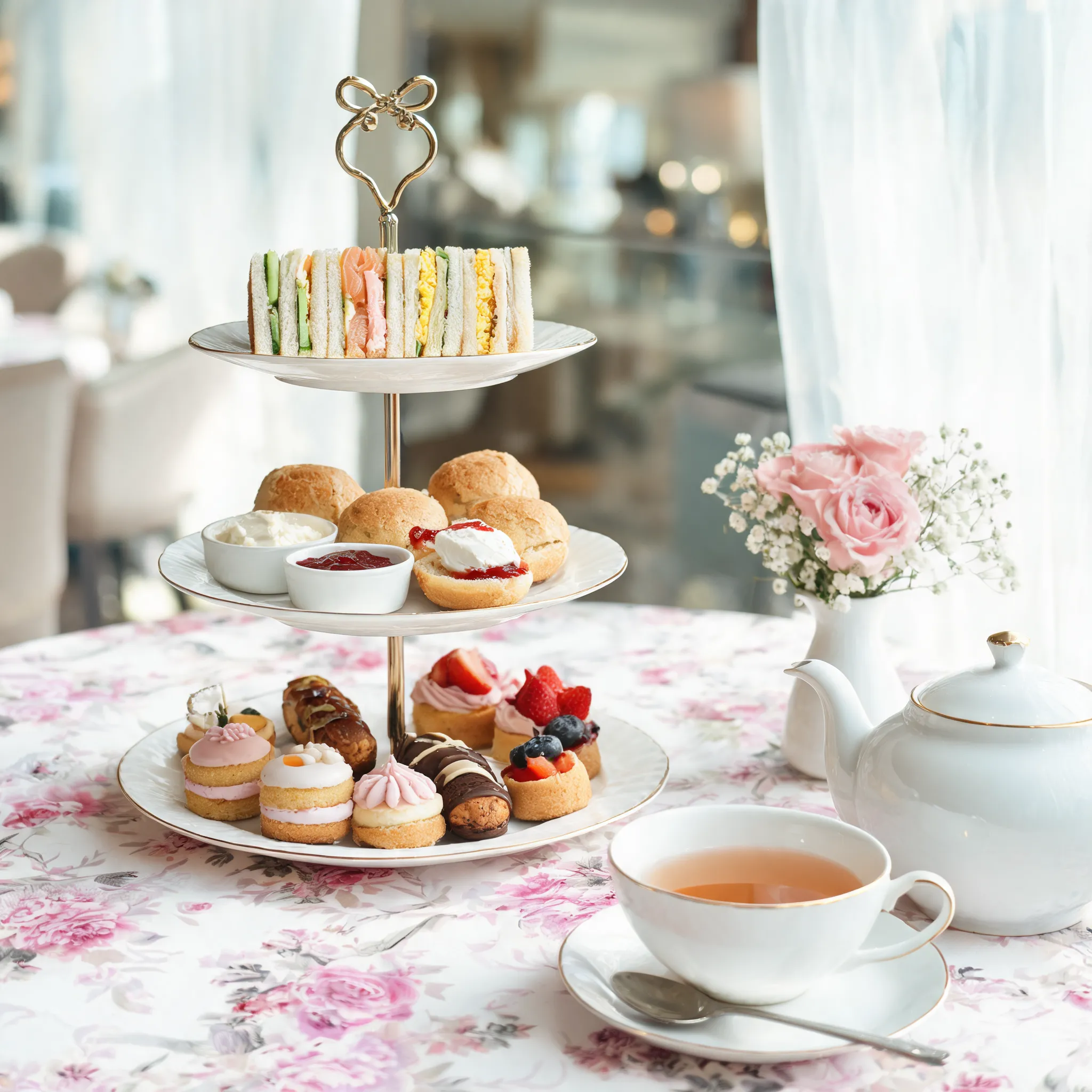 British afternoon tea set, elegant tiered stand with finger sandwiches, scones with clotted cream and jam, mini cakes and pastries, fine porcelain teacups, floral table setting, luxurious hotel tea experience, soft natural light, premium commercial food photography, ultra realistic, 8K, elegant menu promotion image
