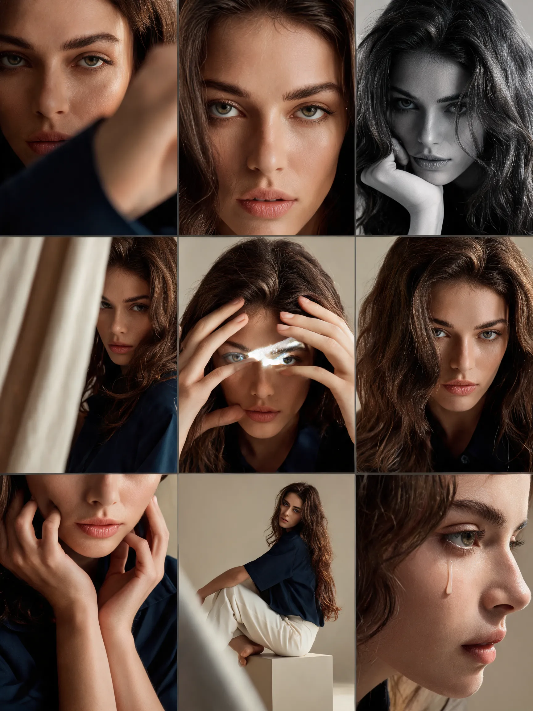 Editorial 3x3 photo grid in a clean soft beige studio. Character (matches reference 100%) wearing lightweight dark navy shirt, ivory trousers, barefoot for raw simplicity. Lighting: large diffused key light directly front-right, silver reflector left, subtle rim from top. Shots to include: 1. extreme close-up of lips + cheekbone with blurred hand partially covering (85mm, f/1.8, razor-thin DOF); 2. tight crop on eyes looking into lens with reflection of light strip visible (85mm, f/2.0); 3. black & white close portrait resting chin on fist, face filling frame (50mm, f/2.2); 4. over-shoulder shot, blurred foreground fabric curtain framing half face (85mm, f/2.0); 5. very close frontal with hands overlapping face, light streak across eyes (50mm, f/2.5); 6. tight angled portrait showing hair falling into eyes, soft-focus background (85mm, f/2.2); 7. crop of hands touching jawline, eyes cropped out (50mm, f/3.2, detail-focused); 8. half-body seated sideways on low cube, head turned sharply away, blurred foreground (35mm, f/ 4.5); 9. intense close-up of profile with single tear-like water droplet, cinematic light slice across (85mm, f/ 1.9). Angles: mostly tight headshots with slight high/low tilts, maintaining variation. Capture RAW, professional muted grade, smooth tonal contrast, subtle cinematic grain. Mood: intimate, introspective, character-led editorial minimalism with delicate use of fabric as prop.
