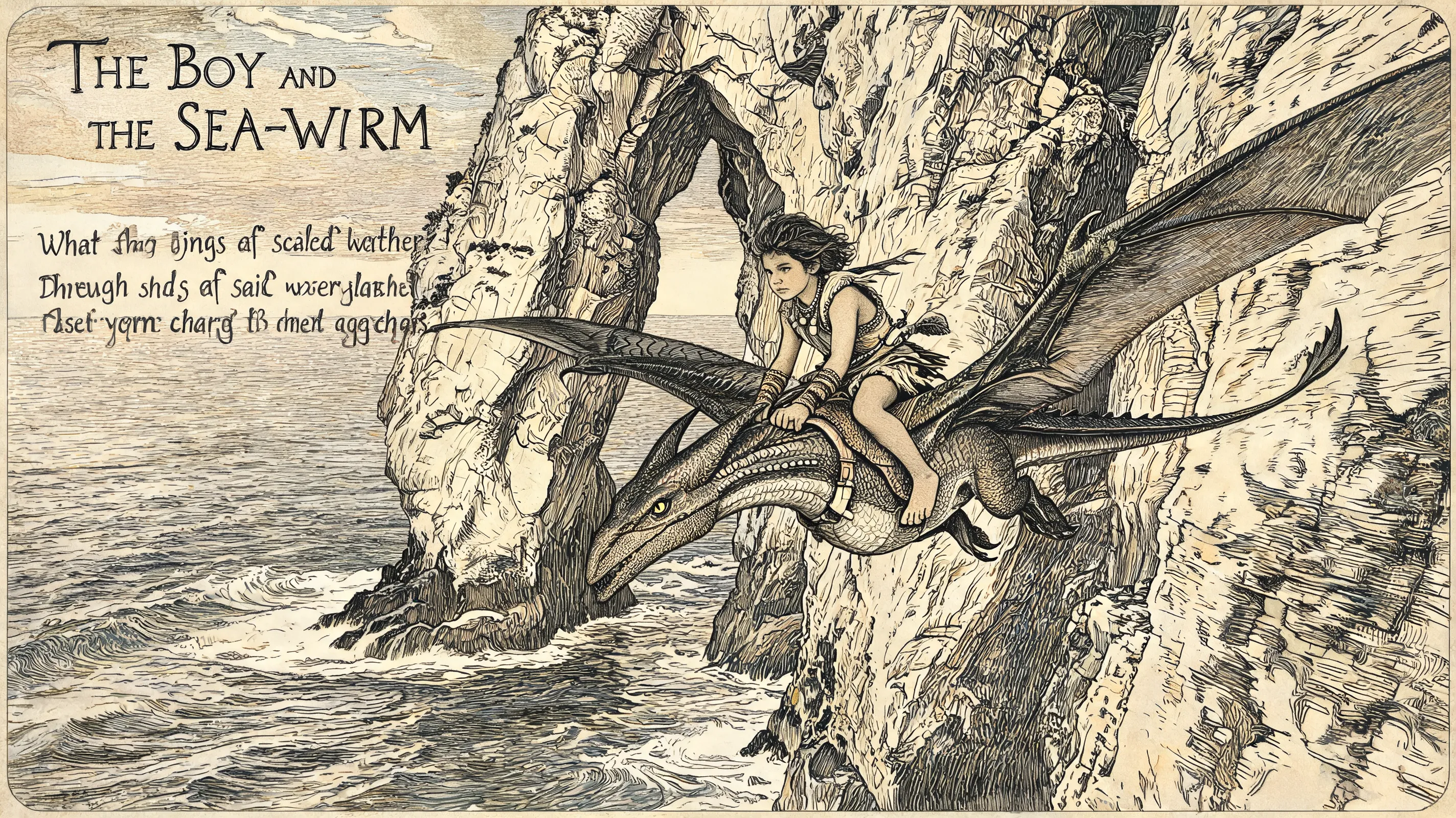 Transform this image into a 1920s fairy tale illustration in the style of Arthur Rackham. Use muted watercolor tones and intricate ink linework. The overall tone should be mysterious, enchanting, and slightly eerie. Add handwritten calligraphy-style captions and riddles.