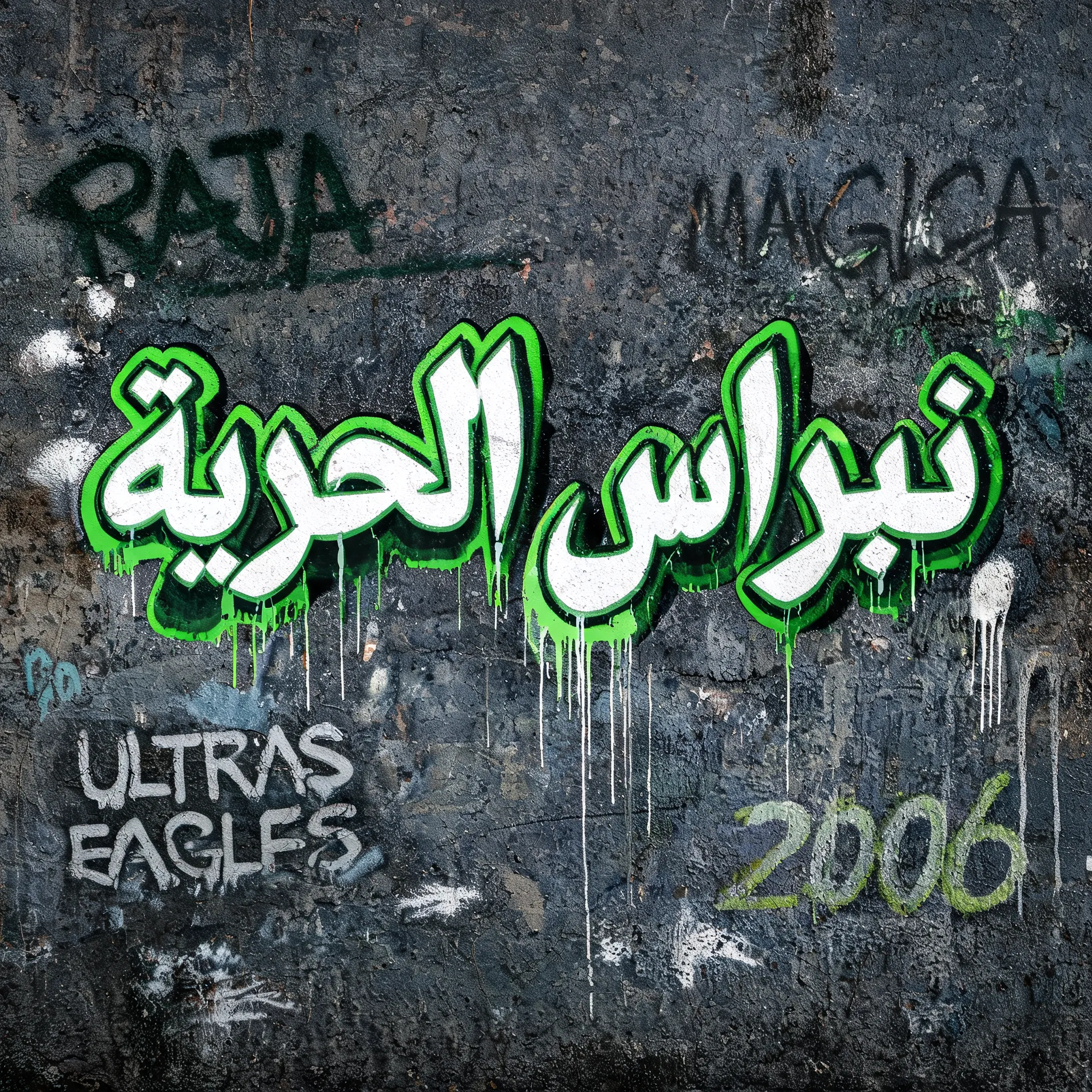 New YorkCreate a high-quality graffiti street art design on a concrete wall background. The main focus is the Arabic phrase: "نبراس الحرية" written correctly in Arabic calligraphy. The text must be white color with bold green outlines/borders, giving a strong 3D graffiti effect. The lettering should look clean, powerful, and street-style. Use the style of Ink Brush Arabic_DEMO Font as the inspiration for the typography: dynamic brush strokes, slightly rough ink texture, expressive and artistic flow, but still readable and accurate Arabic script. Design style: Graffiti / urban street art aesthetic Spray paint texture, paint drips, and stencil effects High contrast between white text and green outlines Slight shadow or glow behind the text for depth Background elements: Include subtle urban wall texture (concrete, bricks, or worn paint) Add the number 2006 in the background as part of the graffiti layer (faded or stylized) Add football ultras-inspired visual energy: keywords: Raja, Magica, Ultras Eagles These should appear as graffiti tags, stickers, or faint layered street markings in the background (not dominating the main text) Color palette: White (main text) Green (outlines, highlights, accents) Dark gray / black (background wall) Optional faint neon green accents for street energy Composition: Center the Arabic phrase as the main focal point Background elements should support but not overpower the text Balanced street-art collage feel Cinematic lighting, high detail, ultra sharp graffiti artwork Output quality: Ultra detailed Realistic street graffiti photography style 4K resolution look Professional urban mural design