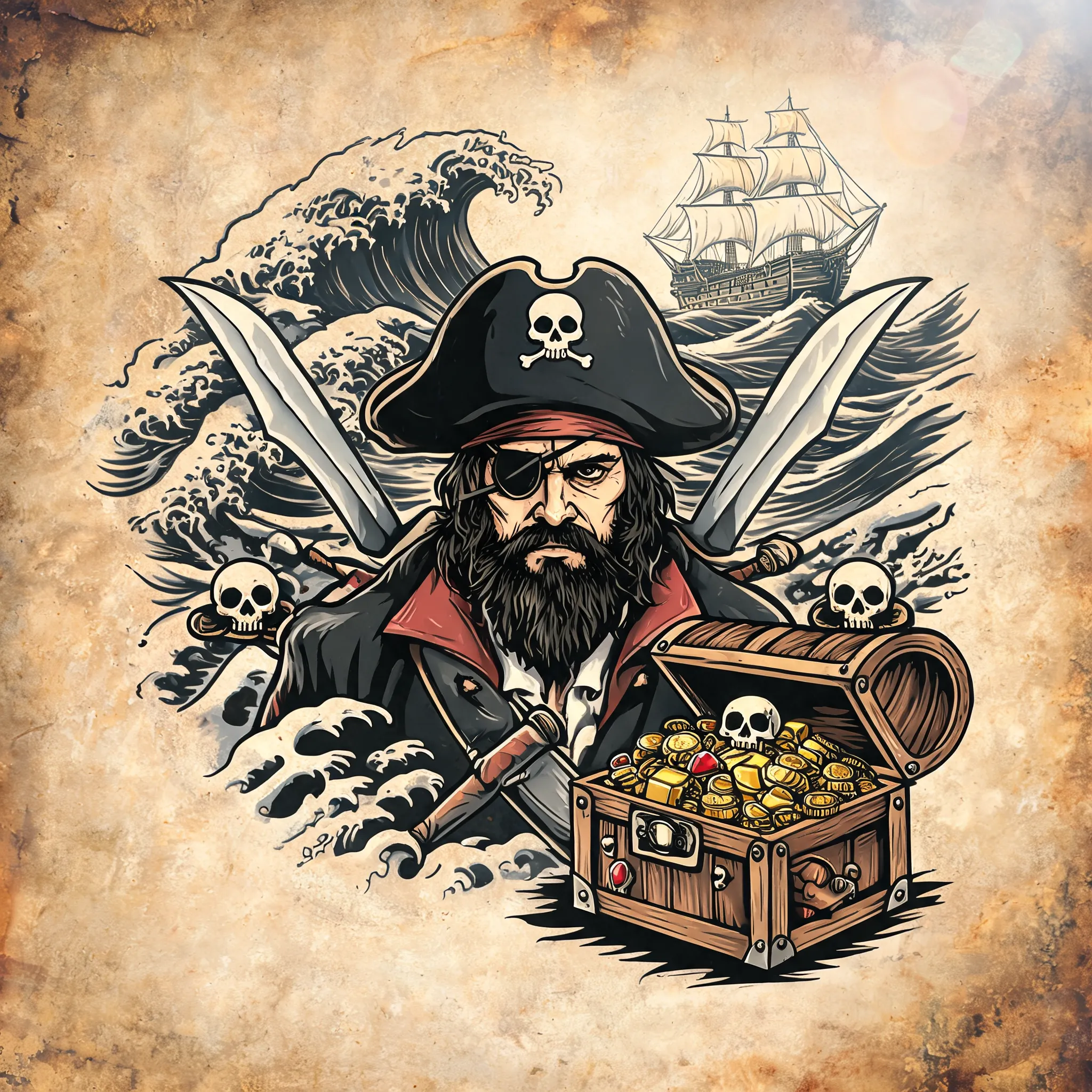 A detailed pirate tattoo design featuring a rugged pirate captain with a tricorn hat, crossed swords, treasure chest, skull motifs, ocean waves and an old sailing ship in the background, vintage nautical tattoo aesthetic, bold black ink outlines, traditional American tattoo style, weathered parchment textures, dramatic shading, realistic tattoo stencil artwork, rich dark tones with muted red and gold highlights, highly detailed pirate symbolism