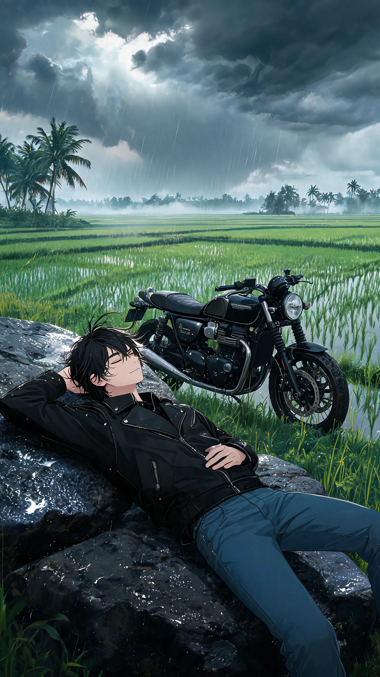 A young anime-style man is lying peacefully on a large wet rock beside his classic black motorcycle in the middle of lush green rice fields. Dark monsoon clouds gather overhead as heavy rain falls in the distance. The wind gently sways the coconut trees and ripples through the rice fields. Mist slowly drifts across the landscape. The camera starts with a wide cinematic shot, then slowly dollies in toward the man as he closes his eyes and enjoys the cool breeze. Rain gradually approaches but does not fully reach him until the final moments. Ultra-realistic environment, dramatic lighting, volumetric clouds, natural colors, highly detailed, cinematic composition, smooth camera movement, shallow depth of field, 4K, HDR, realistic weather effects, emotional, peaceful monsoon atmosphere.