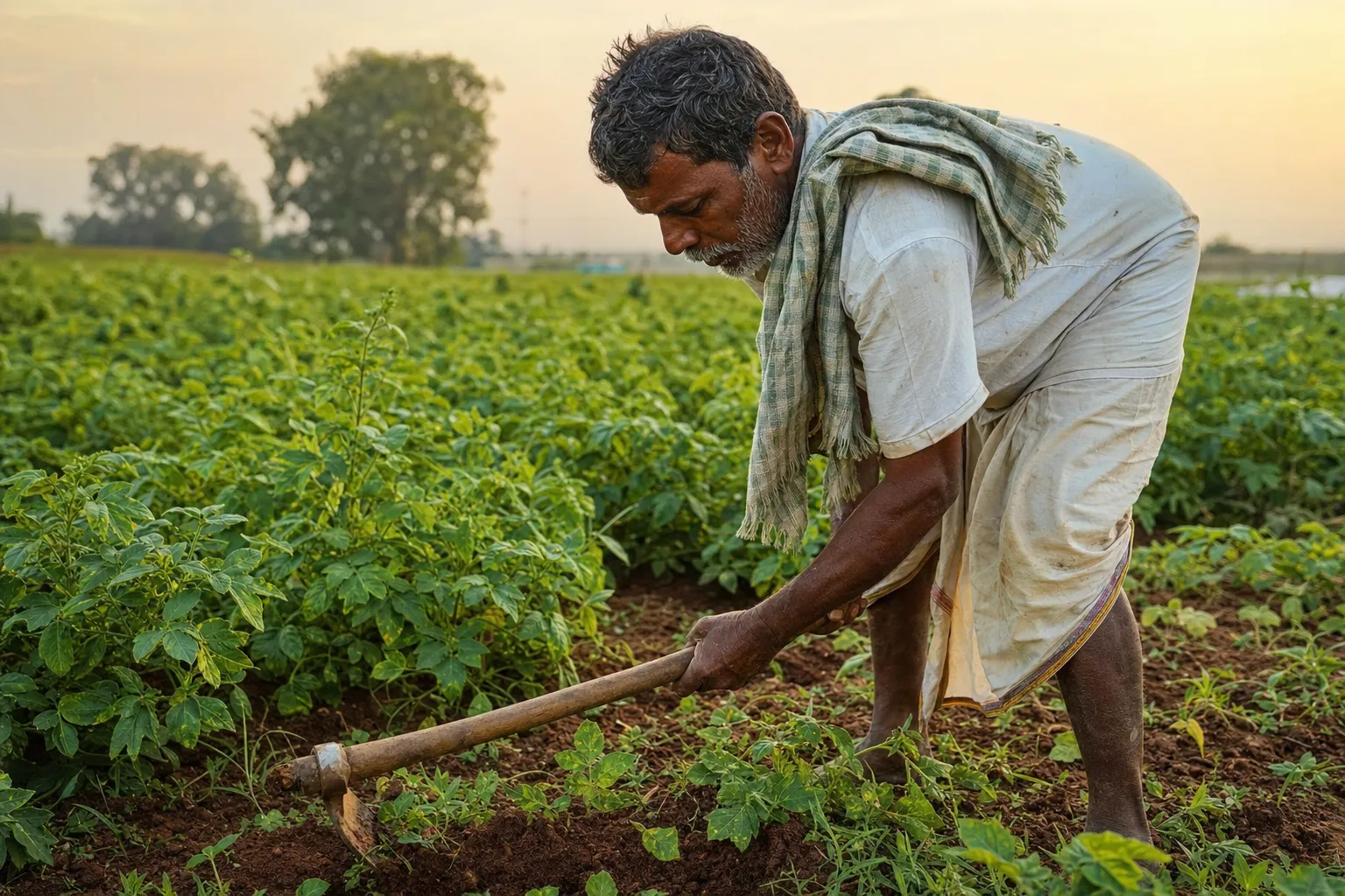 Creeat a image it looks like an karanatka farmer work in farming fild it lookea work hard