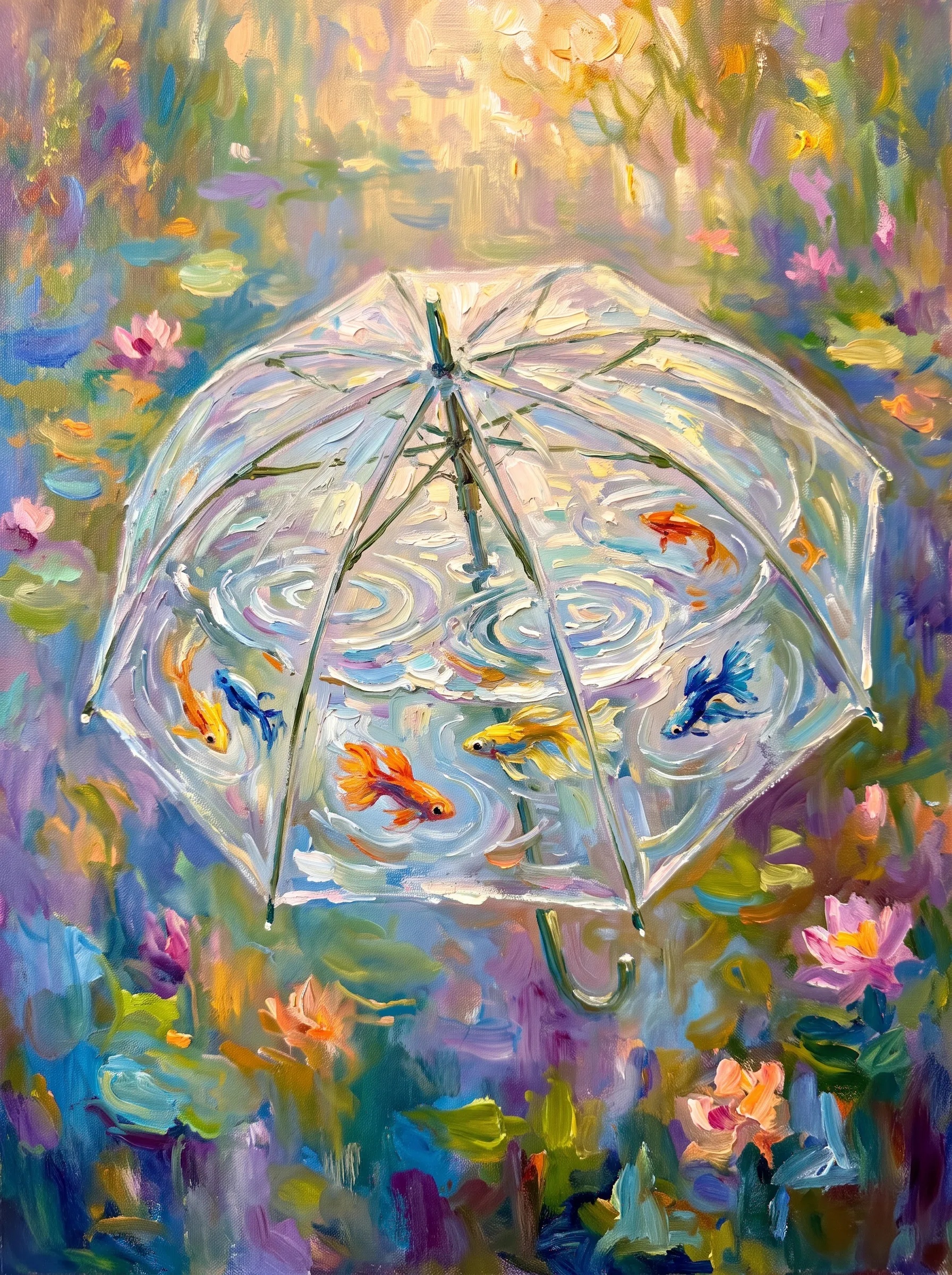 Oil painting in Monet's style, distinct and well-layered brushstrokes, soft and warm lighting, rich and bright colors. The painting features a transparent disc-shaped umbrella filled with clear water, with several highly textured small fish darting through the ripples; vivid and distinct water ripples spread across the surface. The background consists of vibrant, dreamy blended color washes. The overall palette is fresh yet vivid, packed with intricate details and full of childlike whimsy, delivering striking visual expressiveness and powerful visual impact.