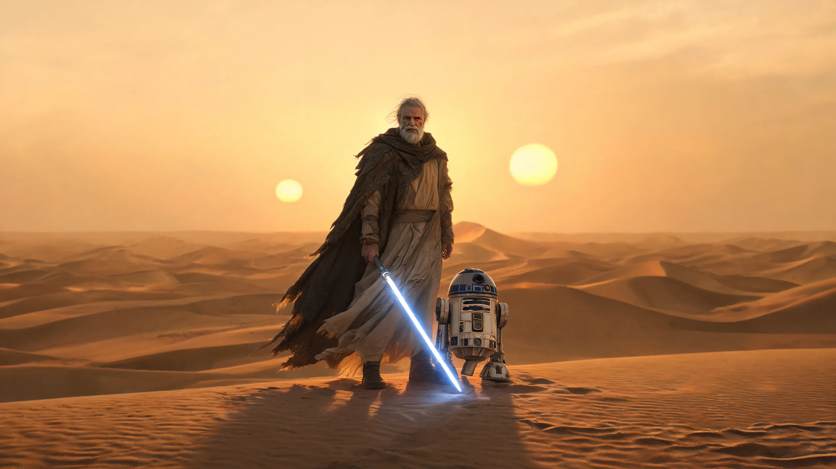 A weathered, elderly warrior in flowing sand-colored robes, standing alone on a vast desert plain under the relentless heat of twin suns. He holds a glowing energy sword that emits a faint, low hum. A worn, dark cloak hangs heavily from his shoulders, and a small, battered astromech droid rolls beside him. The scene is cinematic, with golden hour lighting casting long shadows across the sand, photorealistic, 8K.