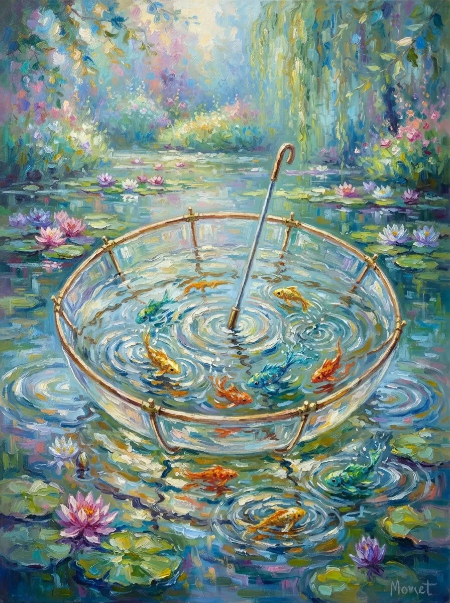 Oil painting in Monet's style, distinct and well-layered brushstrokes, soft and warm lighting, rich and bright colors. The painting features a transparent disc-shaped umbrella filled with clear water, with several highly textured small fish darting through the ripples; vivid and distinct water ripples spread across the surface. The background consists of vibrant, dreamy blended color washes. The overall palette is fresh yet vivid, packed with intricate details and full of childlike whimsy, delivering striking visual expressiveness and powerful visual impact.