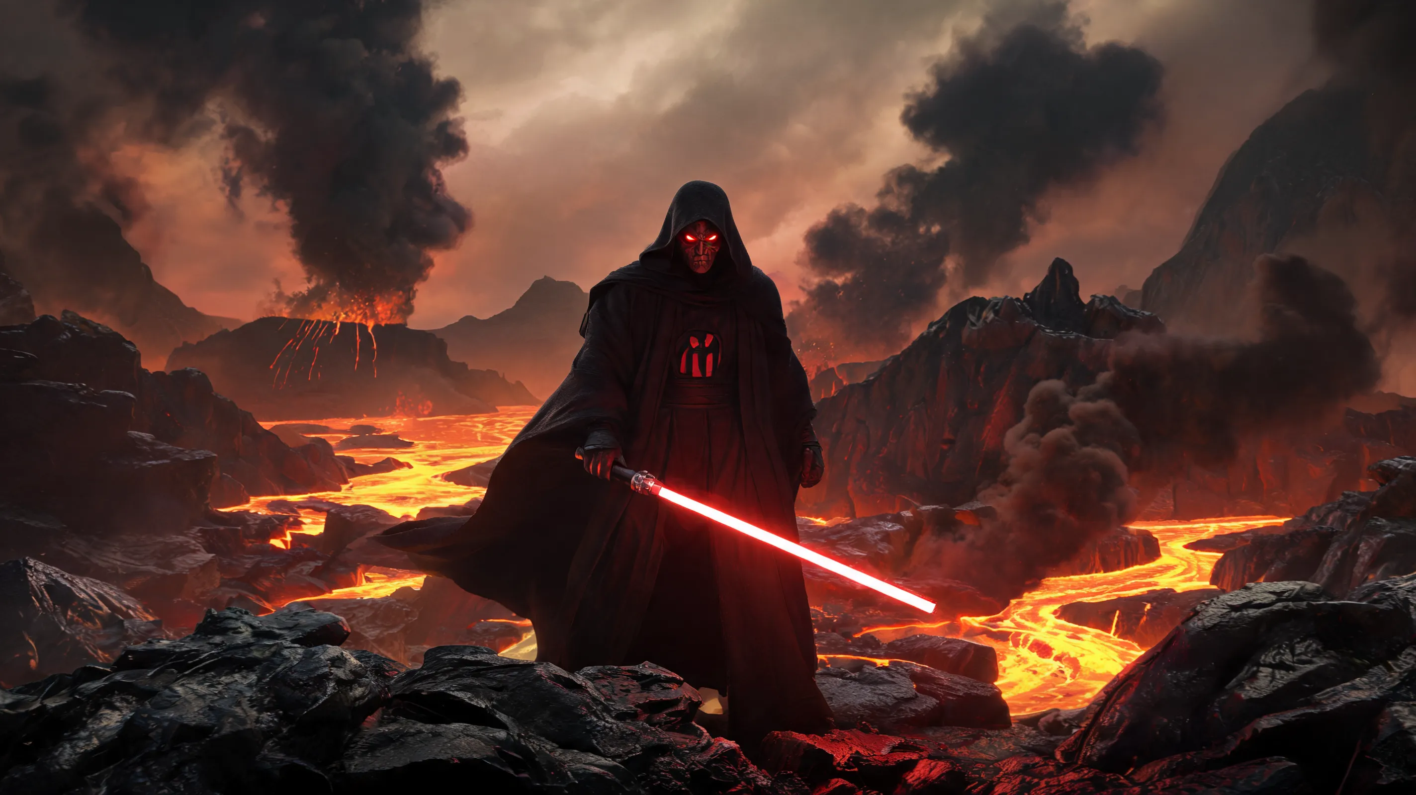 A powerful Sith Lord with glowing red eyes and a red lightsaber, cloaked in a black hooded robe, standing on a volcanic planet with lava flows and dark smoke, intense expression, dramatic shadows, cinematic lighting inspired by Mustafar.