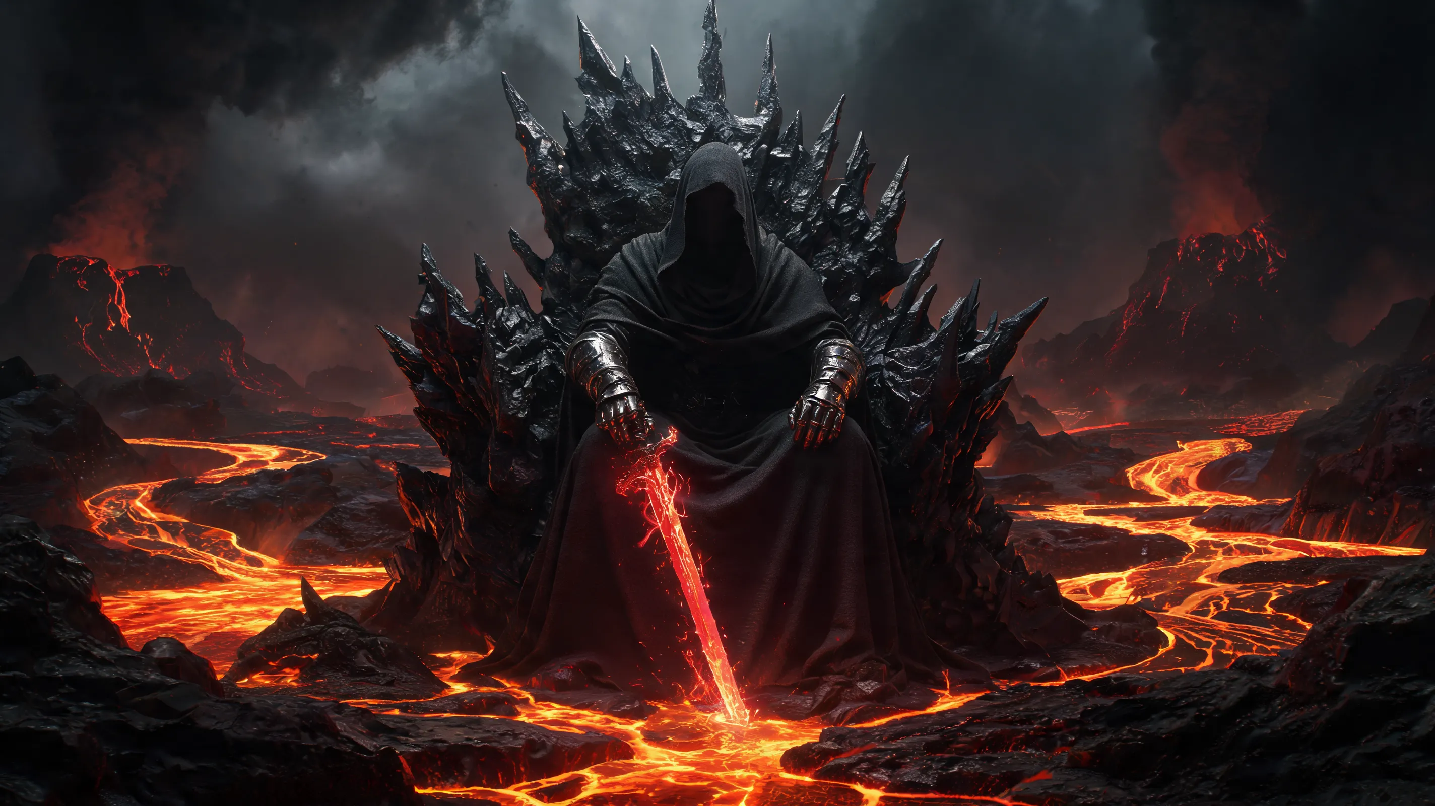 A tall, cloaked figure in a black hooded robe, sitting upon a jagged throne of black rock on a volcanic world. Rivers of molten lava flow around him, casting an ominous orange-red glow across his metallic gauntlets. In his hand, a crackling crimson energy blade points downward. Thick smoke and ash fill the air, dramatic chiaroscuro lighting, epic and foreboding atmosphere, high detail.