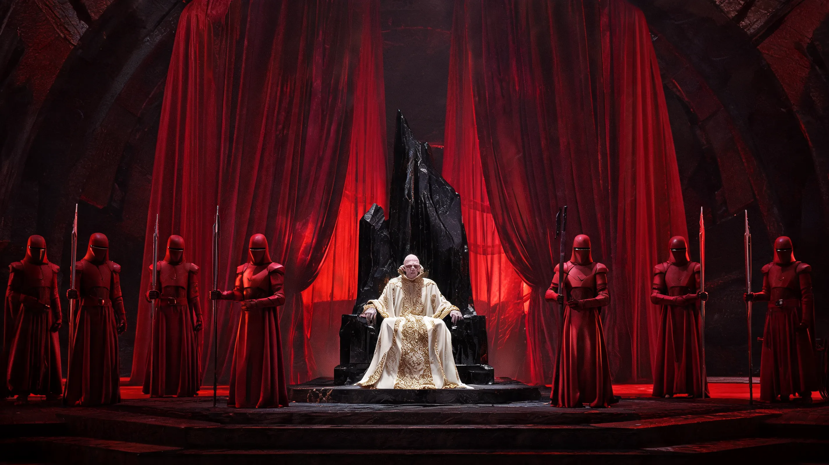 Supreme Leader Snoke sits on a towering obsidian throne inside a cavernous chamber, surrounded by sheer red velvet curtains and his crimson-clad elite Praetorian Guards. He is wearing a gold-laced dressing gown, the atmosphere is foreboding and tense with dark red lighting, ceremonial, theatrical, film grain, high detail.