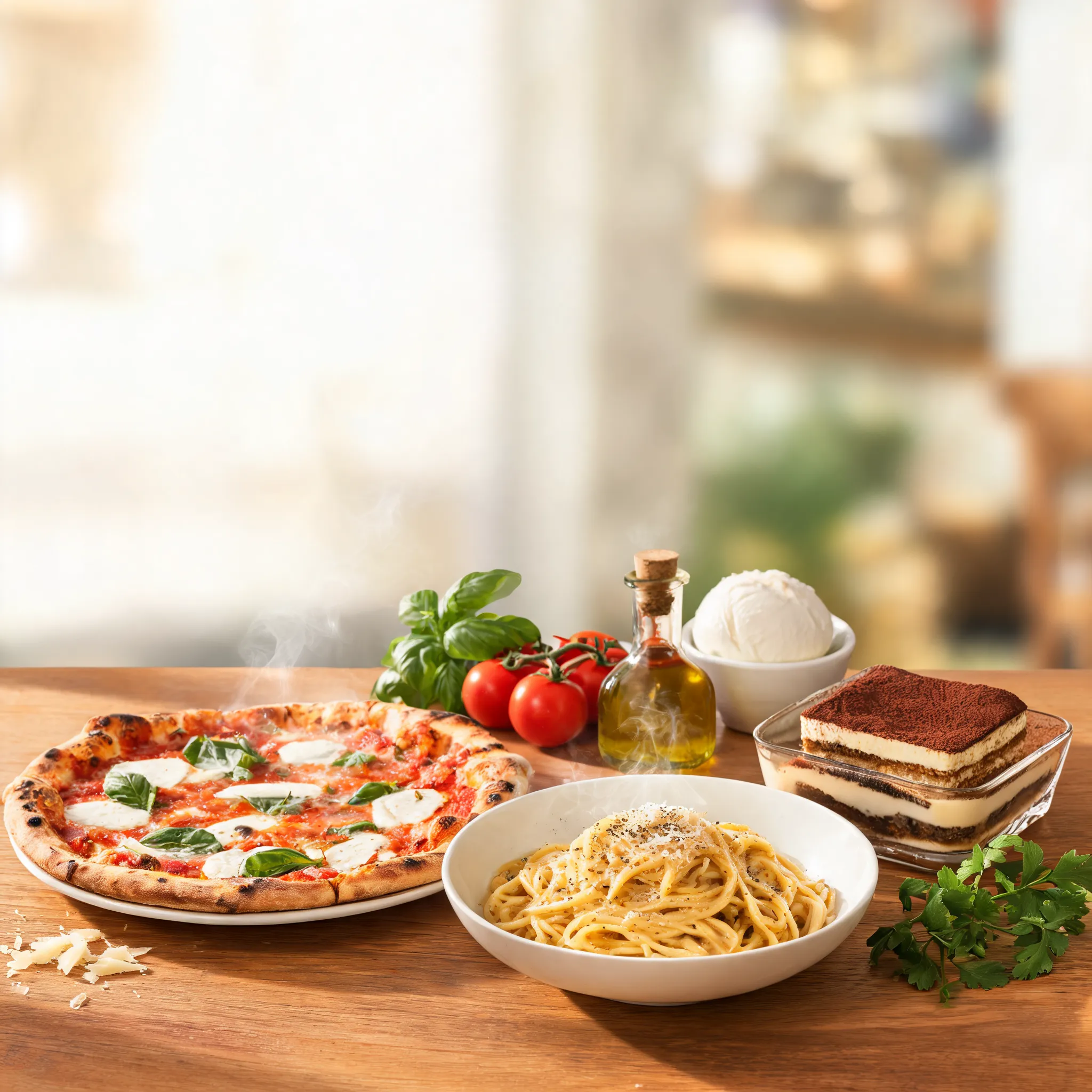 A premium food delivery hero image featuring authentic Italian cuisine, freshly baked Margherita pizza, creamy carbonara pasta, tiramisu, vibrant Mediterranean ingredients, warm wooden table, elegant restaurant presentation, steam rising from the food, appetizing commercial food photography, natural lighting, shallow depth of field, clean composition with copy space for promotional labels and discounts, modern food delivery app banner, ultra realistic, high-end restaurant advertising, 8K