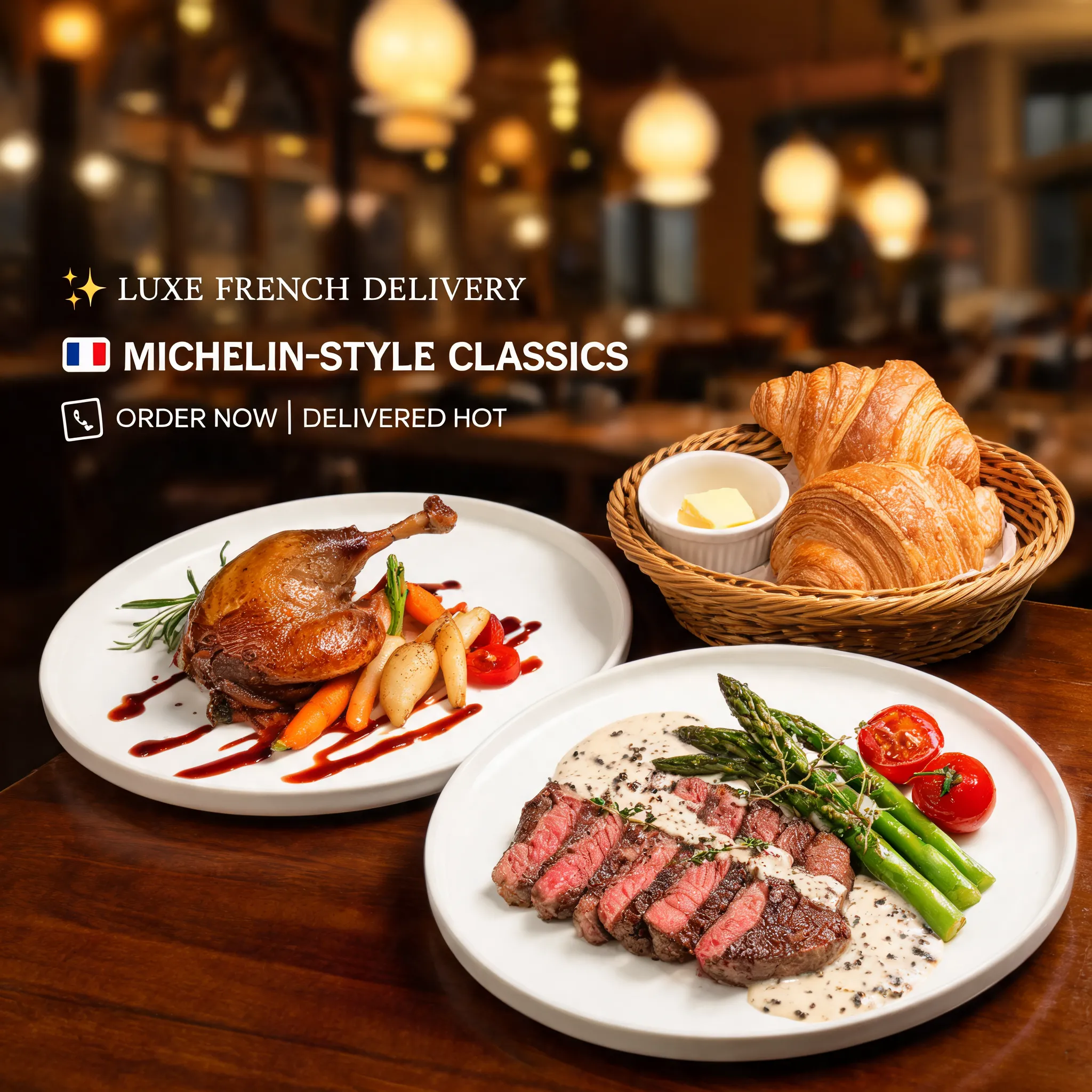 A luxury food delivery promotional image featuring classic French cuisine, grilled steak with pepper sauce, duck confit, buttery croissants, colorful vegetables, elegant fine dining plating, premium restaurant atmosphere, warm golden lighting, sophisticated French bistro style, commercial food photography, clean background with copy space for promotional text, food delivery app hero banner, ultra realistic, Michelin-style presentation, 8K