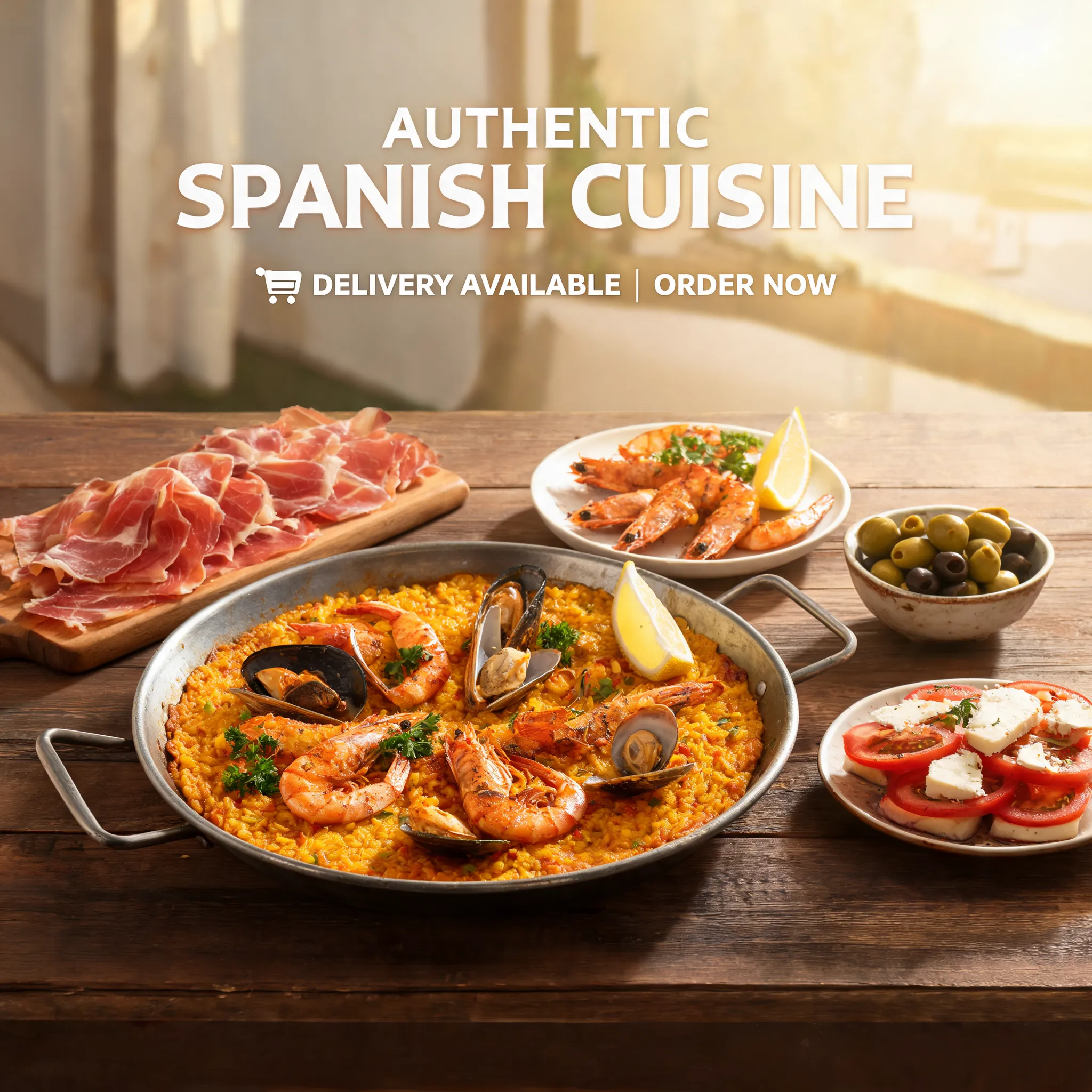 A vibrant food delivery hero image featuring authentic Spanish cuisine, seafood paella, Iberian ham, tapas, grilled shrimp, olives and lemon, rustic wooden table, Mediterranean atmosphere, colorful ingredients, appetizing commercial food photography, natural sunlight, clean composition with promotional text space, premium restaurant menu banner, ultra realistic, high-end food advertising, 8K