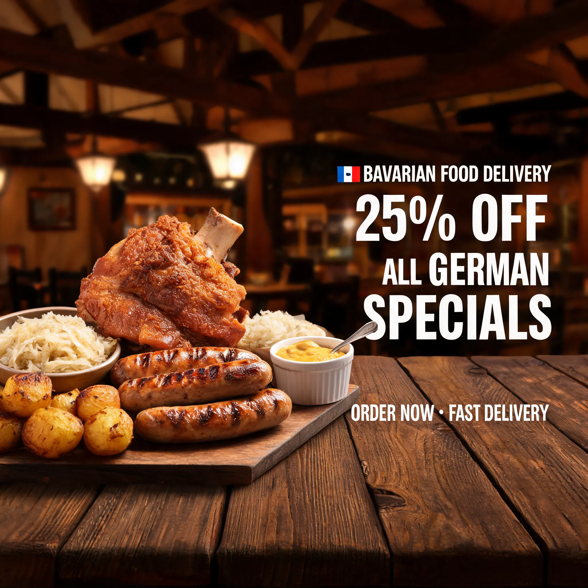 A hearty food delivery promotional image featuring traditional German cuisine, crispy pork knuckle, grilled bratwurst sausages, sauerkraut, roasted potatoes, mustard dipping sauce, rustic Bavarian wooden table, warm pub atmosphere, rich textures, commercial food photography, dramatic lighting, clean layout with copy space for discounts, modern food delivery app banner, ultra realistic, 8K