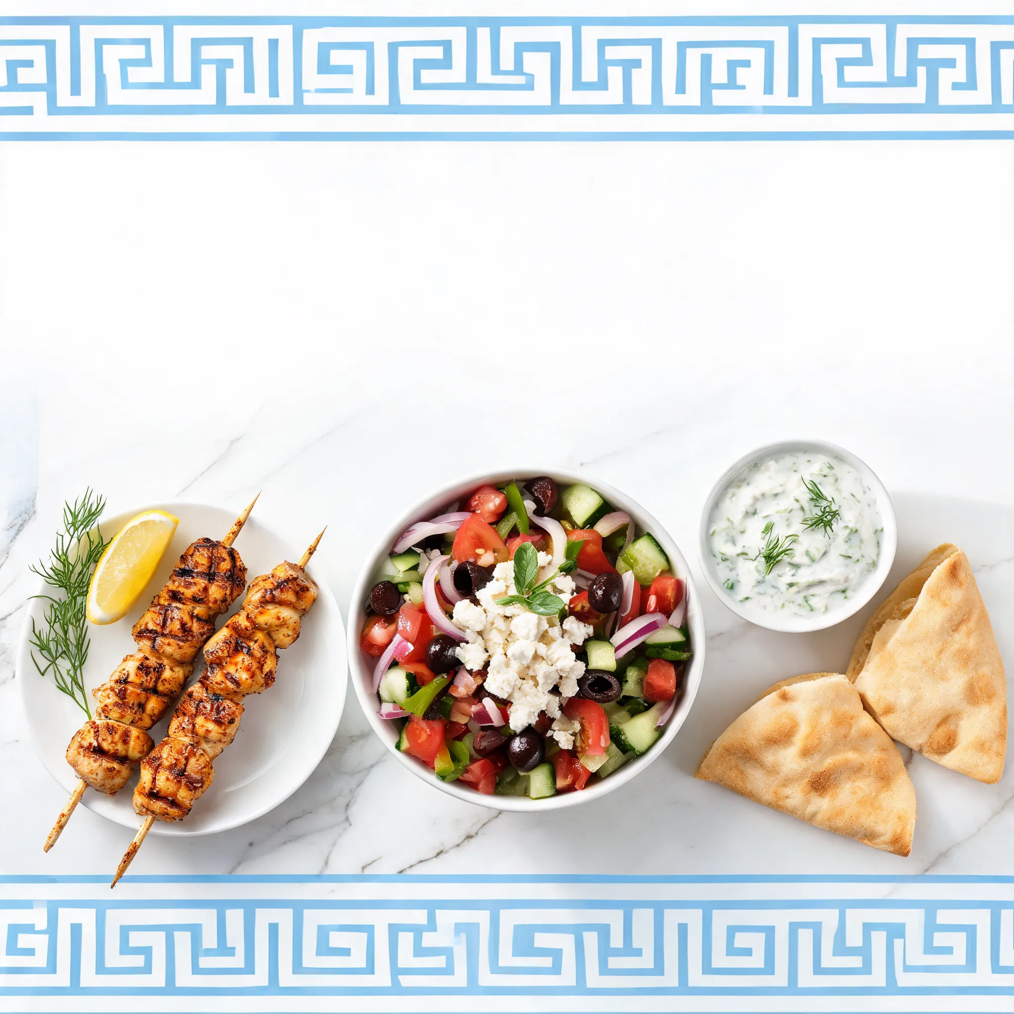 A fresh Mediterranean food delivery hero image featuring authentic Greek cuisine, grilled chicken souvlaki, Greek salad, pita bread, tzatziki sauce, feta cheese, olives, colorful vegetables, white and blue Greek restaurant aesthetic, bright natural lighting, clean commercial food photography, minimalist composition with promotional copy space, premium food delivery app banner, ultra realistic, 8K