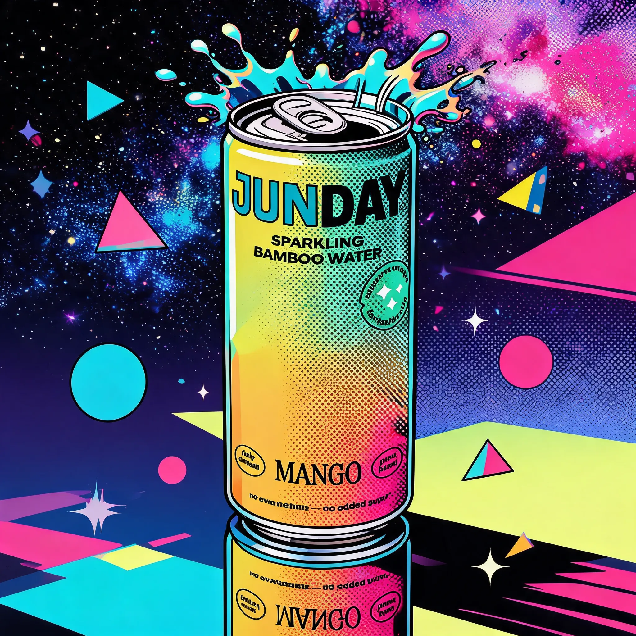 A photorealistic 3D render of a soda can, but stylized as a vibrant Pop Art illustration, bold outlines, halftone dots texture, high contrast cyan and magenta colors, dynamic splashing liquid, cosmic galaxy background with retro geometric shapes, 8k, octane render, playful mood, detailed label design, product photography style.