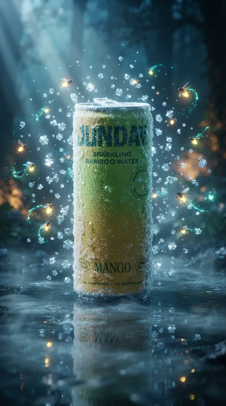 A hyper-detailed soda can covered in heavy condensation and frost, surrounded by floating ice crystals and magical glowing fireflies, placed on a wet reflective surface, dramatic volumetric lighting, misty atmosphere, epic fantasy scene, cinematic composition, unreal engine 5, photorealistic, sharp focus, 8k.