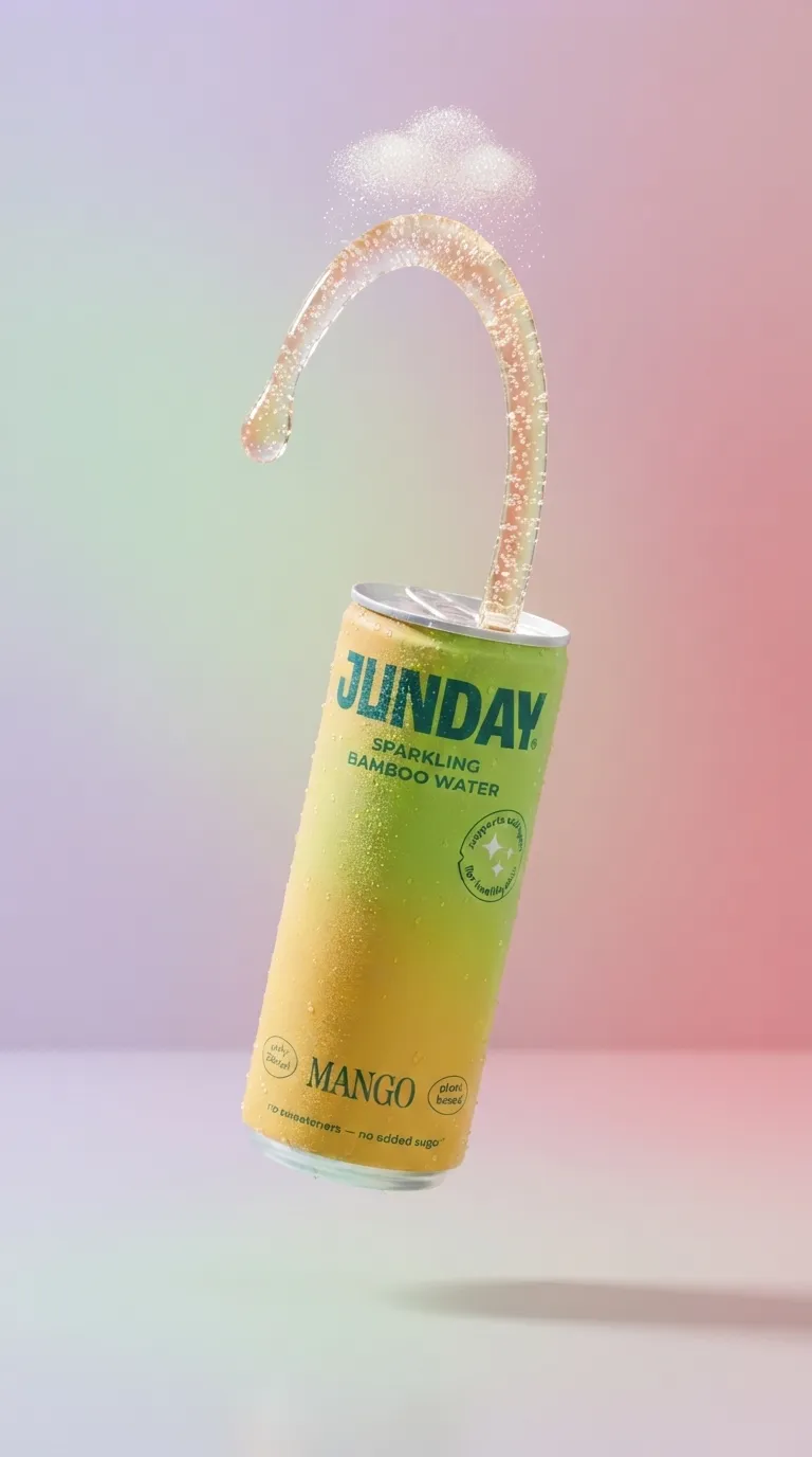 A minimalist product shot of an aerosol-style soda can, suspended in mid-air against a soft gradient pastel background, liquid splashing out in a smooth弧形 motion, bubble particles, clean composition, studio lighting, soft shadows, high fashion magazine aesthetic, 8k, highly detailed.