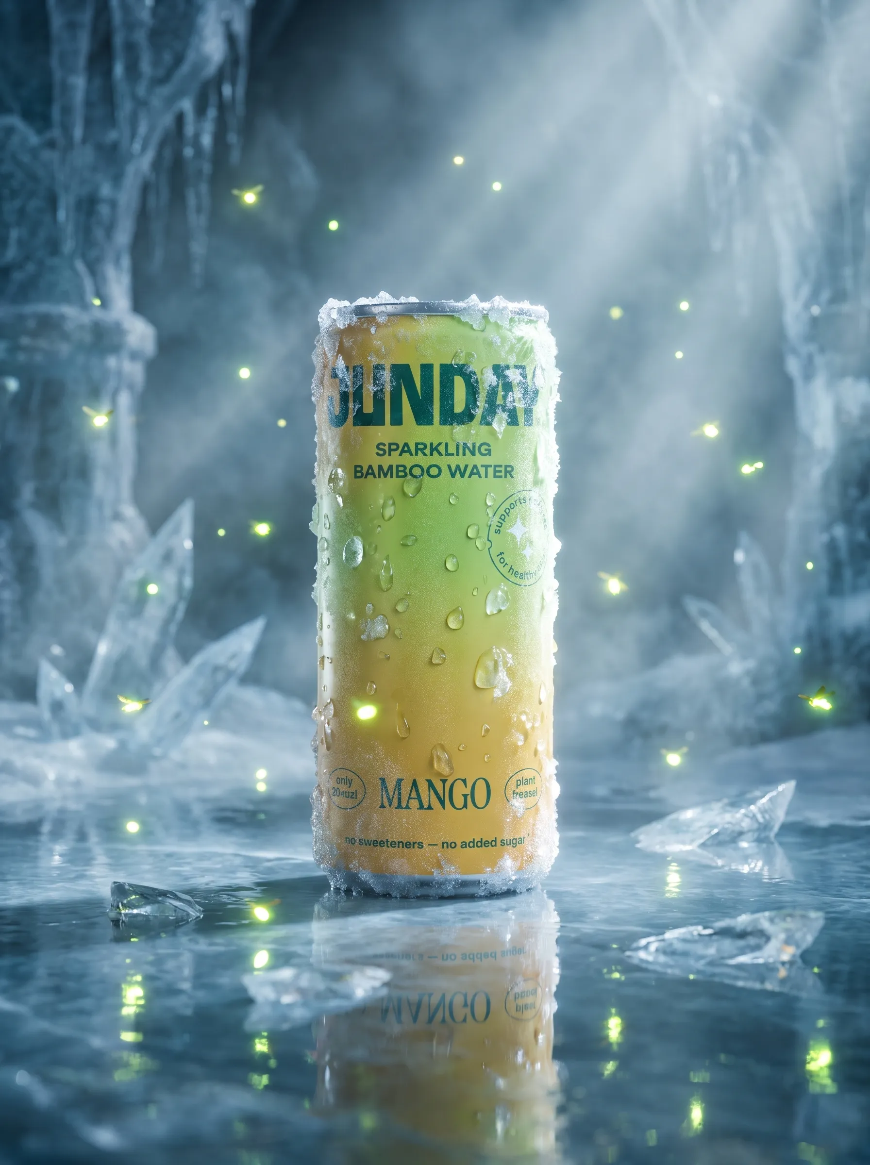 A hyper-detailed soda can covered in heavy condensation and frost, surrounded by floating ice crystals and magical glowing fireflies, placed on a wet reflective surface, dramatic volumetric lighting, misty atmosphere, epic fantasy scene, cinematic composition, unreal engine 5, photorealistic, sharp focus, 8k.