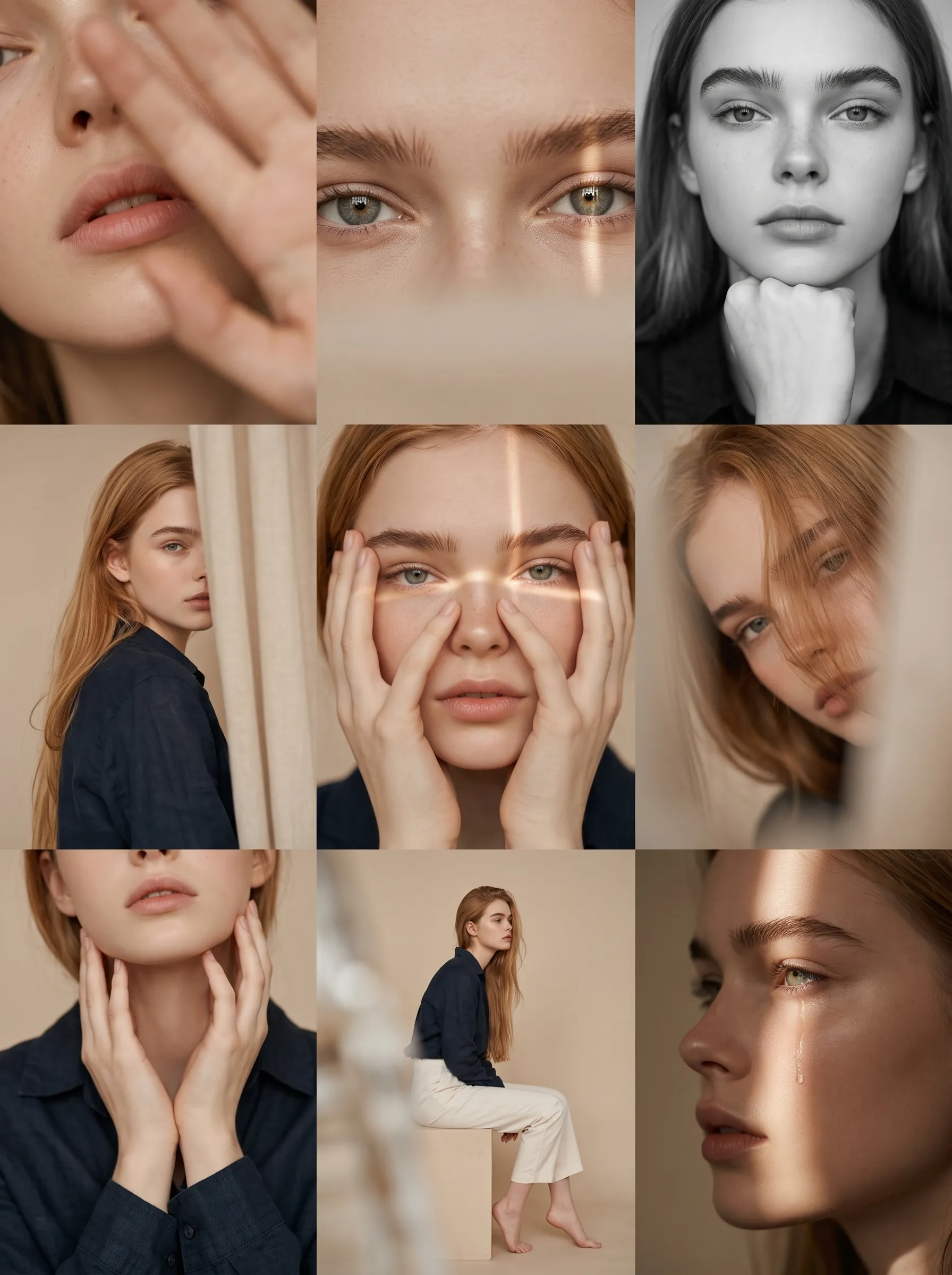 Editorial 3x3 photo grid in a clean soft beige studio. Character (matches reference 100%) wearing lightweight dark navy shirt, ivory trousers, barefoot for raw simplicity. Lighting: large diffused key light directly front-right, silver reflector left, subtle rim from top. Shots to include: 1. extreme close-up of lips + cheekbone with blurred hand partially covering (85mm, f/1.8, razor-thin DOF); 2. tight crop on eyes looking into lens with reflection of light strip visible (85mm, f/2.0); 3. black & white close portrait resting chin on fist, face filling frame (50mm, f/2.2); 4. over-shoulder shot, blurred foreground fabric curtain framing half face (85mm, f/2.0); 5. very close frontal with hands overlapping face, light streak across eyes (50mm, f/2.5); 6. tight angled portrait showing hair falling into eyes, soft-focus background (85mm, f/2.2); 7. crop of hands touching jawline, eyes cropped out (50mm, f/3.2, detail-focused); 8. half-body seated sideways on low cube, head turned sharply away, blurred foreground (35mm, f/ 4.5); 9. intense close-up of profile with single tear-like water droplet, cinematic light slice across (85mm, f/ 1.9). Angles: mostly tight headshots with slight high/low tilts, maintaining variation. Capture RAW, professional muted grade, smooth tonal contrast, subtle cinematic grain. Mood: intimate, introspective, character-led editorial minimalism with delicate use of fabric as prop.