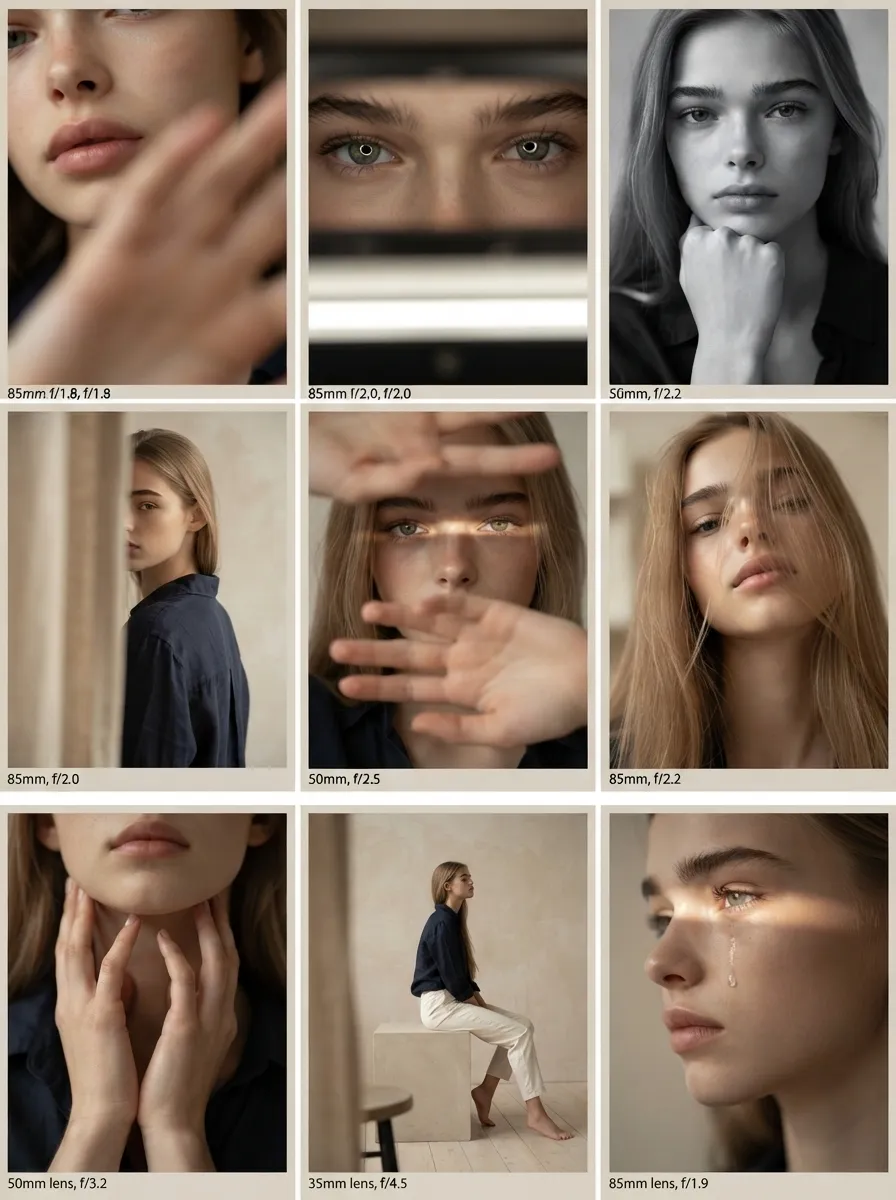 Editorial 3x3 photo grid in a clean soft beige studio. Character (matches reference 100%) wearing lightweight dark navy shirt, ivory trousers, barefoot for raw simplicity. Lighting: large diffused key light directly front-right, silver reflector left, subtle rim from top. Shots to include: 1. extreme close-up of lips + cheekbone with blurred hand partially covering (85mm, f/1.8, razor-thin DOF); 2. tight crop on eyes looking into lens with reflection of light strip visible (85mm, f/2.0); 3. black & white close portrait resting chin on fist, face filling frame (50mm, f/2.2); 4. over-shoulder shot, blurred foreground fabric curtain framing half face (85mm, f/2.0); 5. very close frontal with hands overlapping face, light streak across eyes (50mm, f/2.5); 6. tight angled portrait showing hair falling into eyes, soft-focus background (85mm, f/2.2); 7. crop of hands touching jawline, eyes cropped out (50mm, f/3.2, detail-focused); 8. half-body seated sideways on low cube, head turned sharply away, blurred foreground (35mm, f/ 4.5); 9. intense close-up of profile with single tear-like water droplet, cinematic light slice across (85mm, f/ 1.9). Angles: mostly tight headshots with slight high/low tilts, maintaining variation. Capture RAW, professional muted grade, smooth tonal contrast, subtle cinematic grain. Mood: intimate, introspective, character-led editorial minimalism with delicate use of fabric as prop.