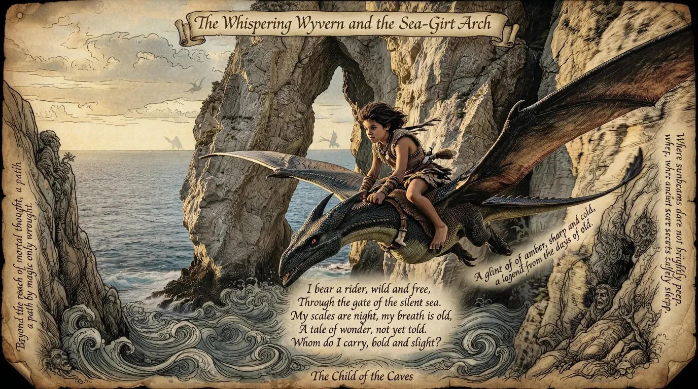 Transform this image into a 1920s fairy tale illustration in the style of Arthur Rackham. Use muted watercolor tones and intricate ink linework. The overall tone should be mysterious, enchanting, and slightly eerie. Add handwritten calligraphy-style captions and riddles.