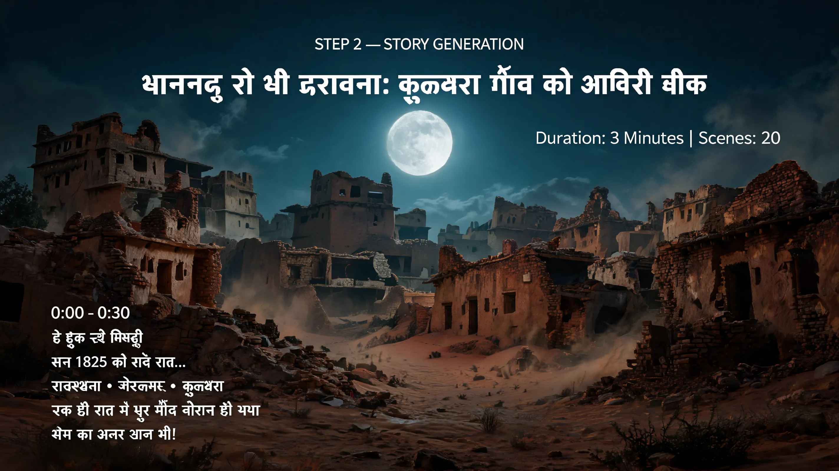 STEP 2 — STORY GENERATION Title: भानगढ़ से भी डरावना: कुलधरा गाँव की आखिरी चीख Duration: 3 Minutes | Scenes: 20 (0:00 - 0:30) द हुक एंड मिस्ट्री सन 1825 की एक सर्द रात... राजस्थान के जैसलमेर का एक समृद्ध और खुशहाल गाँव, कुलधरा, अचानक एक ही रात में पूरी तरह वीरान हो गया। कोई जंग नहीं हुई, कोई महामारी नहीं फैली, फिर भी आधी रात को पाँच सौ से ज़्यादा परिवारों के हज़ारों लोग अपने पुरखों की ज़मीन छोड़कर हमेशा के लिए चले गए। जाते-जाते वो इस मिट्टी को एक ऐसा खौफनाक श्राप दे गए, जिसकी गूँज आज दो सौ साल बाद भी यहाँ की हवाओं में महसूस की जाती है। लोग कहते हैं कि यहाँ आज भी वो लोग वापस आते हैं... अपनी अधूरी चीखों के साथ। (0:30 - 1:15) रहस्य की शुरुआत और दीवान की बुरी नज़र सच्चाई की तह में जाएँ, तो कहानी शुरू होती है जैसलमेर के क्रूर और अय्याश दीवान सालम सिंह से। सालम सिंह की नज़र कुलधरा के पालीवाल ब्राह्मण समुदाय के मुखिया की खूबसूरत बेटी पर पड़ी। वो हर हाल में उस लड़की को हासिल करना चाहता था। उसने गाँव वालों को अल्टीमेटम दिया कि अगर अगली पूर्णमासी तक लड़की उसे नहीं सौंपी गई, तो वह पूरे गाँव पर इतना भारी टैक्स लगाएगा कि कोई ज़िंदा नहीं बचेगा, और वो जबरन लड़की को उठा ले जाएगा। गाँव के आत्मसम्मान और बेटी की इज़्ज़त दांव पर थी। (1:15 - 2:00) वो आखिरी रात और खौफनाक फैसला गाँव के मंदिर में चौपाल बैठी। चारों तरफ सन्नाटा था और मशालों की रोशनी में सिर्फ खौफ से कांपते चेहरे दिख रहे थे। आत्मसमर्पण करने के बजाय, पालीवाल ब्राह्मणों ने एक ऐसा फैसला किया जिसने इतिहास बदल दिया। पूर्णमासी की उस खौफनाक रात, पूरे गाँव ने चुपचाप अपनी कीमती चीज़ें समेटीं, मंदिर के दीये को आखिरी बार प्रणाम किया और हमेशा के लिए वहाँ से निकल पड़े। लेकिन जाते-जाते उन्होंने इस मिट्टी पर हाथ रखकर कसम खाई कि इस गाँव में अब कभी कोई दूसरा इंसान नहीं बस पाएगा। जो भी यहाँ कदम रखेगा, वह तबाही का शिकार हो जाएगा। (2:00 - 2:45) पैरानॉर्मल तजुर्बे और रूहानी गवाही वक्त गुज़रा, और कुलधरा एक खंडहर में तब्दील हो गया। लेकिन आज भी, जब सूरज ढलता है और रेगिस्तानी हवाएँ इन टूटे हुए मकानों से टकराती हैं, तो ऐसा लगता है जैसे कोई रो रहा हो। पैरानॉर्मल एक्सपर्ट्स और रिसर्चर्स जब यहाँ अपनी मशीनों के साथ आए, तो उनके उपकरणों में अजीबोगरीब आ