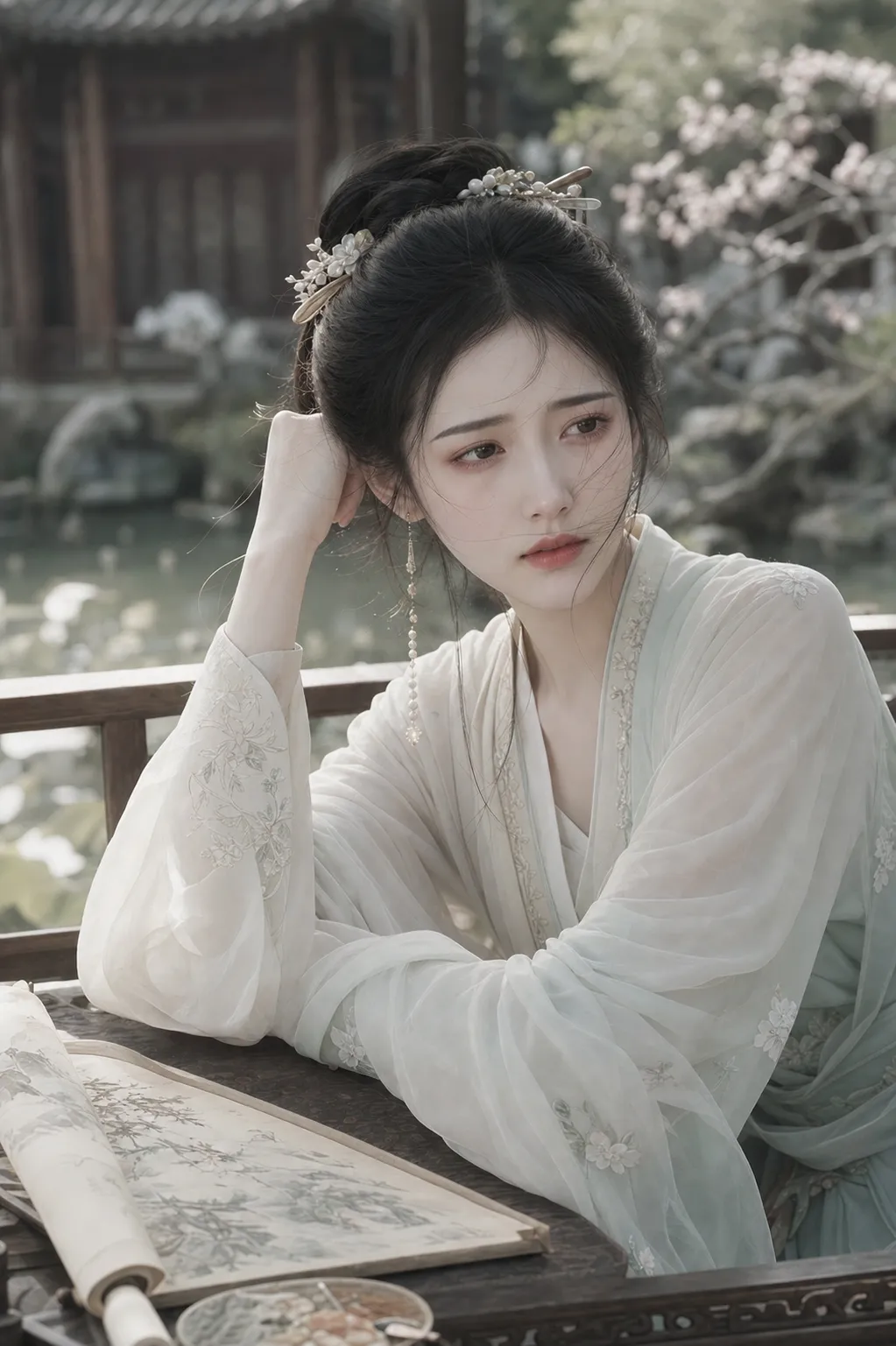 A delicate young noblewoman from classical Chinese literature, fragile and ethereal, with faintly furrowed mist-like brows and clear sorrowful eyes filled with quiet emotion. She has a slender, frail figure, pale translucent skin, soft tearful gaze, and a refined poetic temperament. Her expression is sensitive, intelligent, proud, lonely, and easily wounded. She wears elegant pale-colored traditional Chinese robes, subtle floral embroidery, light silk textures, and minimal jewelry. Quiet garden setting, poetry scrolls nearby, melancholic and graceful atmosphere, soft natural light, highly detailed, cinematic realism, classical Chinese aesthetic.