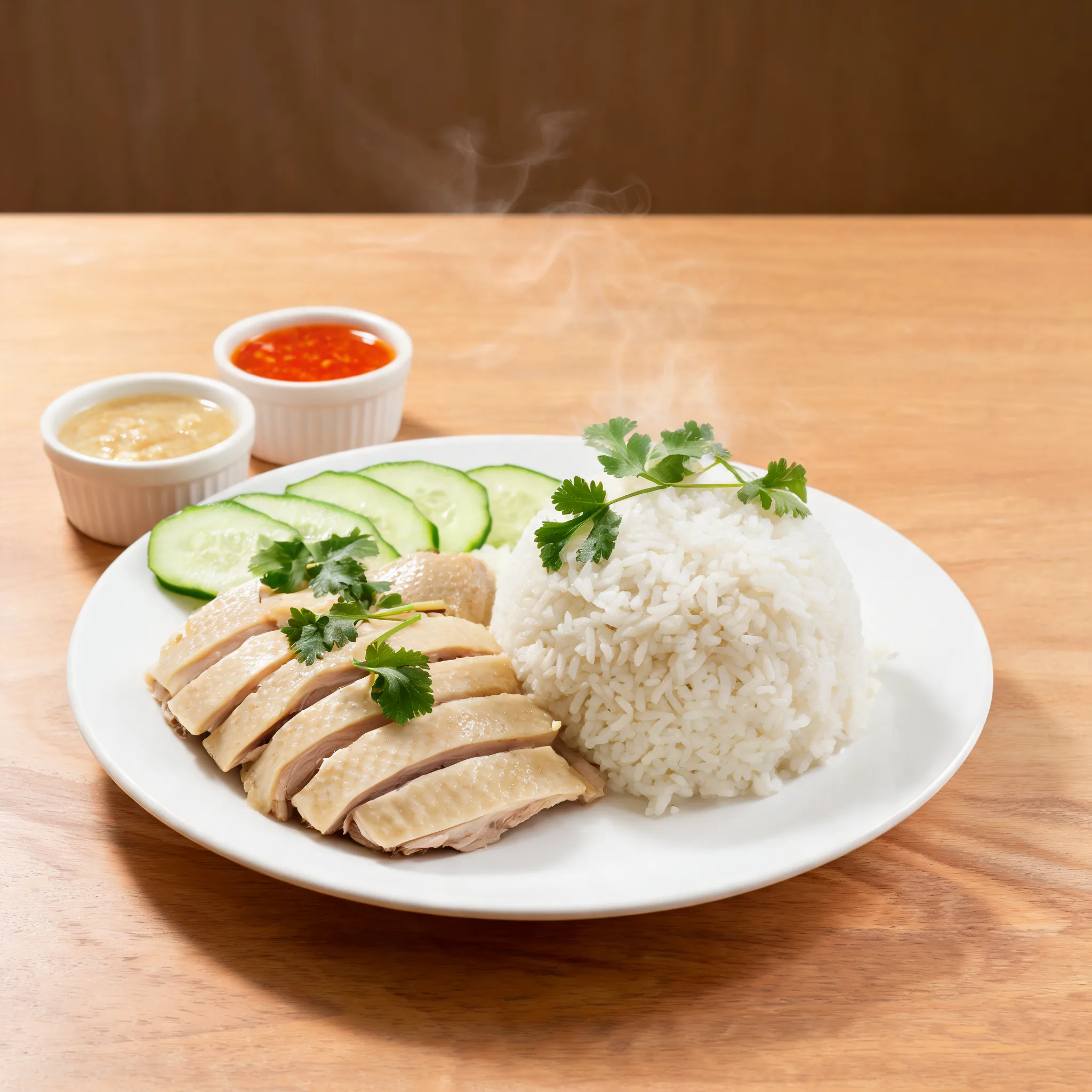 A premium food delivery hero image featuring authentic Hainanese chicken rice, tender poached chicken with glossy skin, fragrant jasmine rice, chili sauce, ginger sauce, cucumber slices, fresh cilantro garnish, warm wooden table, realistic steam rising, vibrant commercial food photography, Southeast Asian restaurant atmosphere, clean composition with copy space for discount badges and price tags, GrabFood and Foodpanda style, ultra realistic, high-end food advertising, 8K
