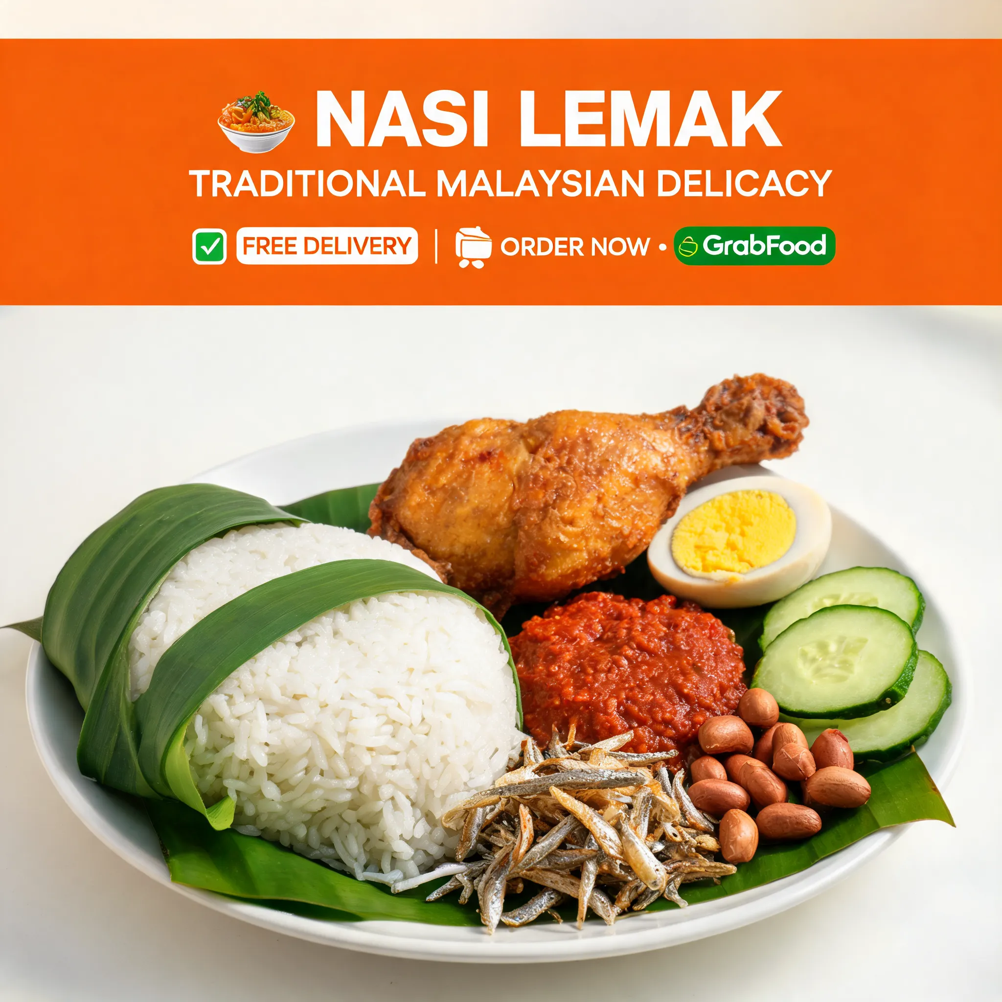 A vibrant food delivery app banner featuring traditional Malaysian Nasi Lemak, coconut rice wrapped with banana leaf, crispy fried chicken, sambal, fried anchovies, roasted peanuts, boiled egg, cucumber slices, rich textures, appetizing commercial food photography, Southeast Asian street food style, clean layout with promotional copy space, GrabFood style, premium restaurant branding, ultra realistic, 8K