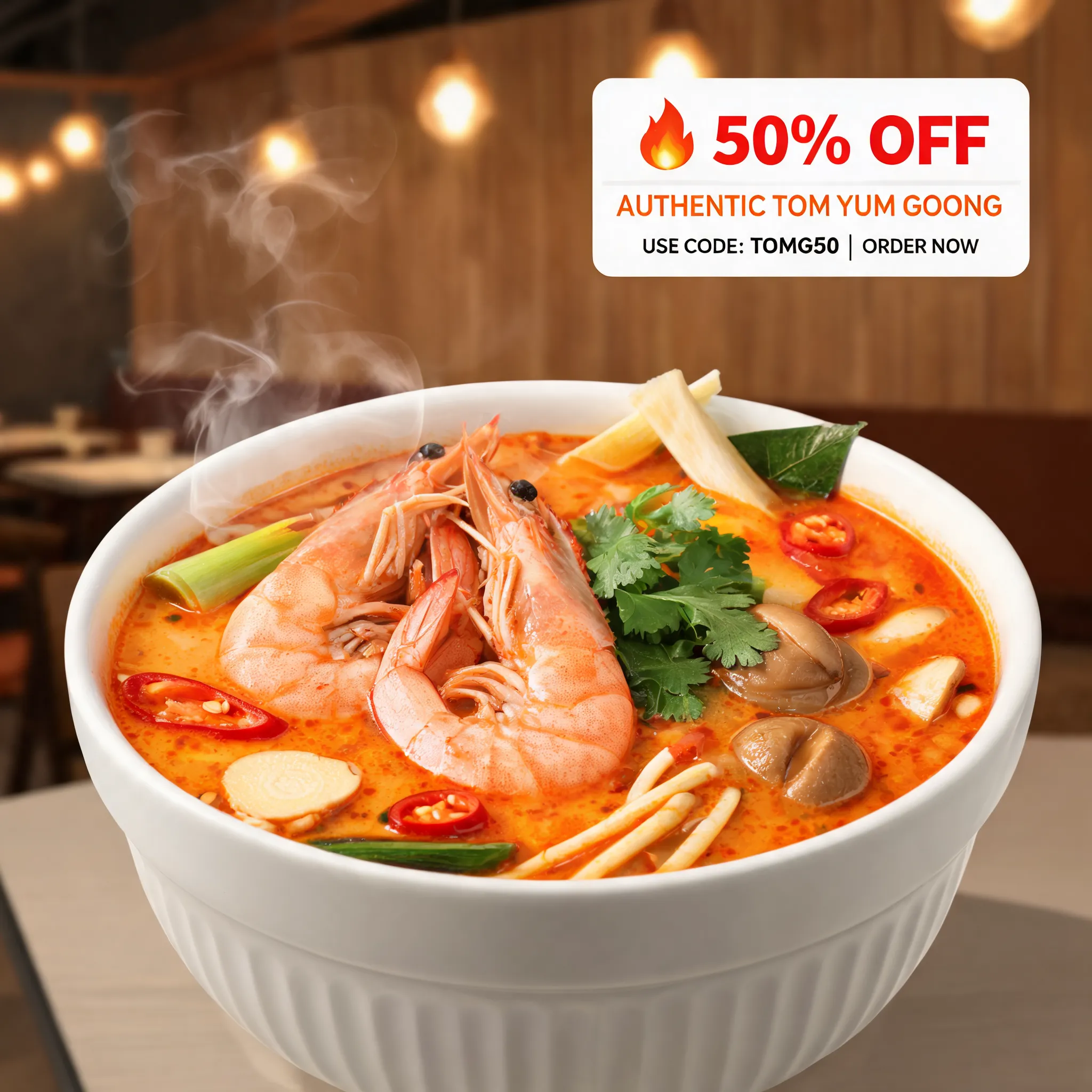 A premium food delivery hero image featuring authentic Thai Tom Yum Goong soup, giant prawns, mushrooms, lemongrass, kaffir lime leaves, chili, fresh herbs, steaming hot spicy broth, vibrant orange-red colors, cinematic food photography, Thai restaurant atmosphere, clean composition with space for discount labels, modern food delivery app banner, GrabFood and LINE MAN style, ultra realistic, 8K