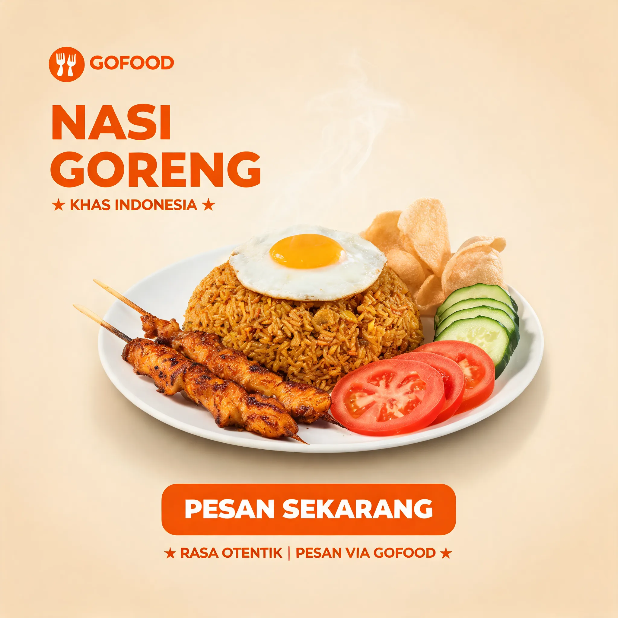 A commercial food delivery banner featuring Indonesian Nasi Goreng, fragrant fried rice topped with a sunny-side-up egg, grilled chicken satay, shrimp crackers, cucumber, tomato slices, rich golden color, dramatic food styling, restaurant-quality presentation, realistic steam, Southeast Asian dining atmosphere, clean promotional layout, GoFood style, ultra realistic, premium restaurant advertising, 8K