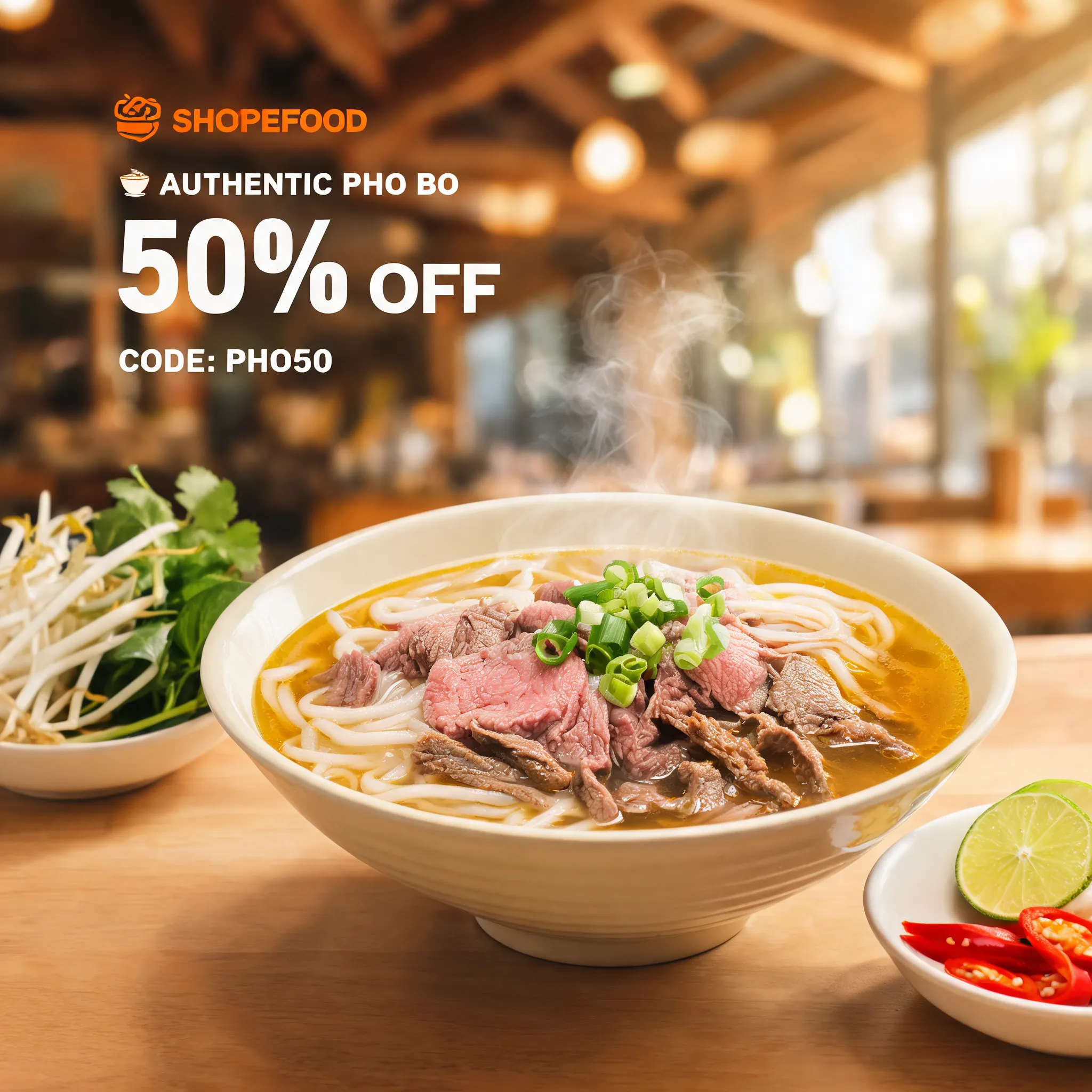 A premium food delivery promotional image featuring authentic Vietnamese Pho Bo, rich beef broth, rice noodles, sliced beef, fresh herbs, bean sprouts, lime wedges, chili peppers, elegant ceramic bowl, warm natural lighting, realistic steam rising, clean commercial food photography, Vietnamese restaurant atmosphere, copy space for promotional text and discount badges, ShopeeFood style, ultra realistic, 8K