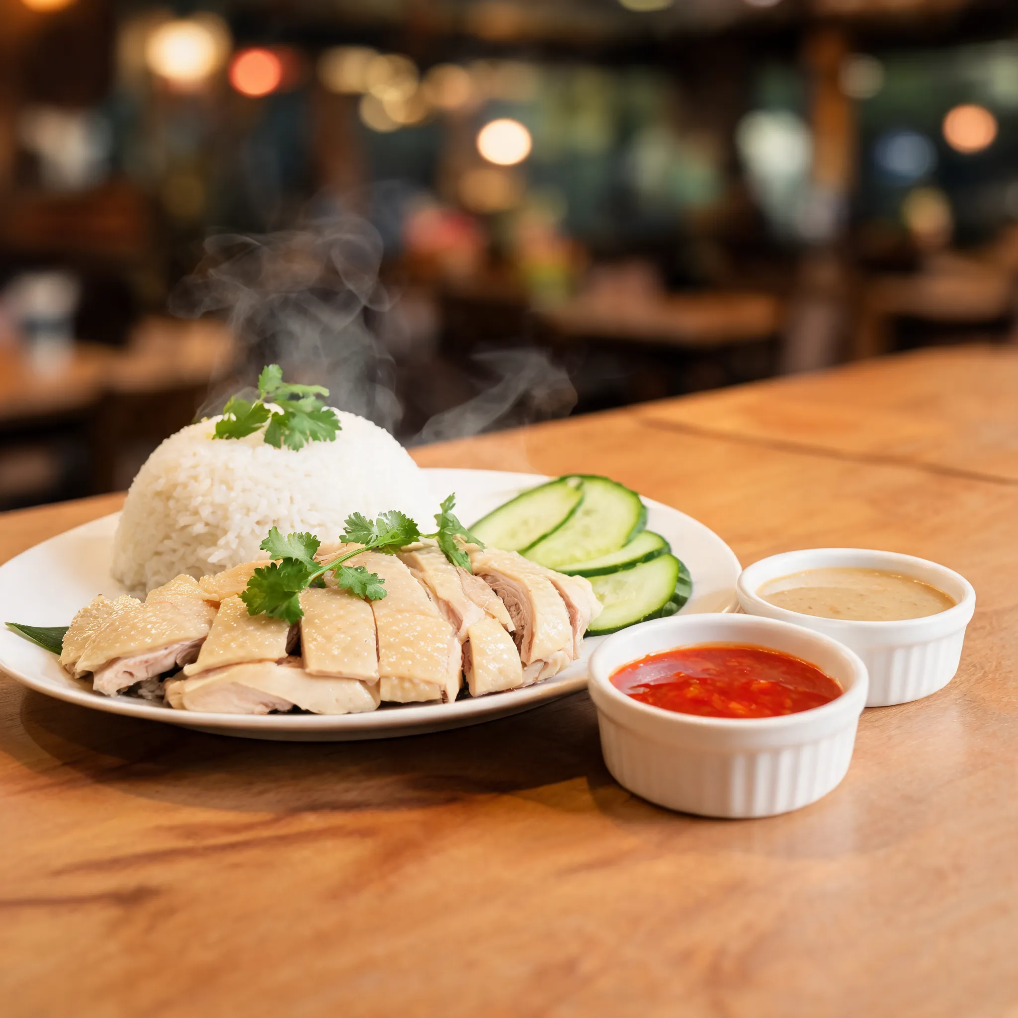 A premium food delivery hero image featuring authentic Hainanese chicken rice, tender poached chicken with glossy skin, fragrant jasmine rice, chili sauce, ginger sauce, cucumber slices, fresh cilantro garnish, warm wooden table, realistic steam rising, vibrant commercial food photography, Southeast Asian restaurant atmosphere, clean composition with copy space for discount badges and price tags, GrabFood and Foodpanda style, ultra realistic, high-end food advertising, 8K