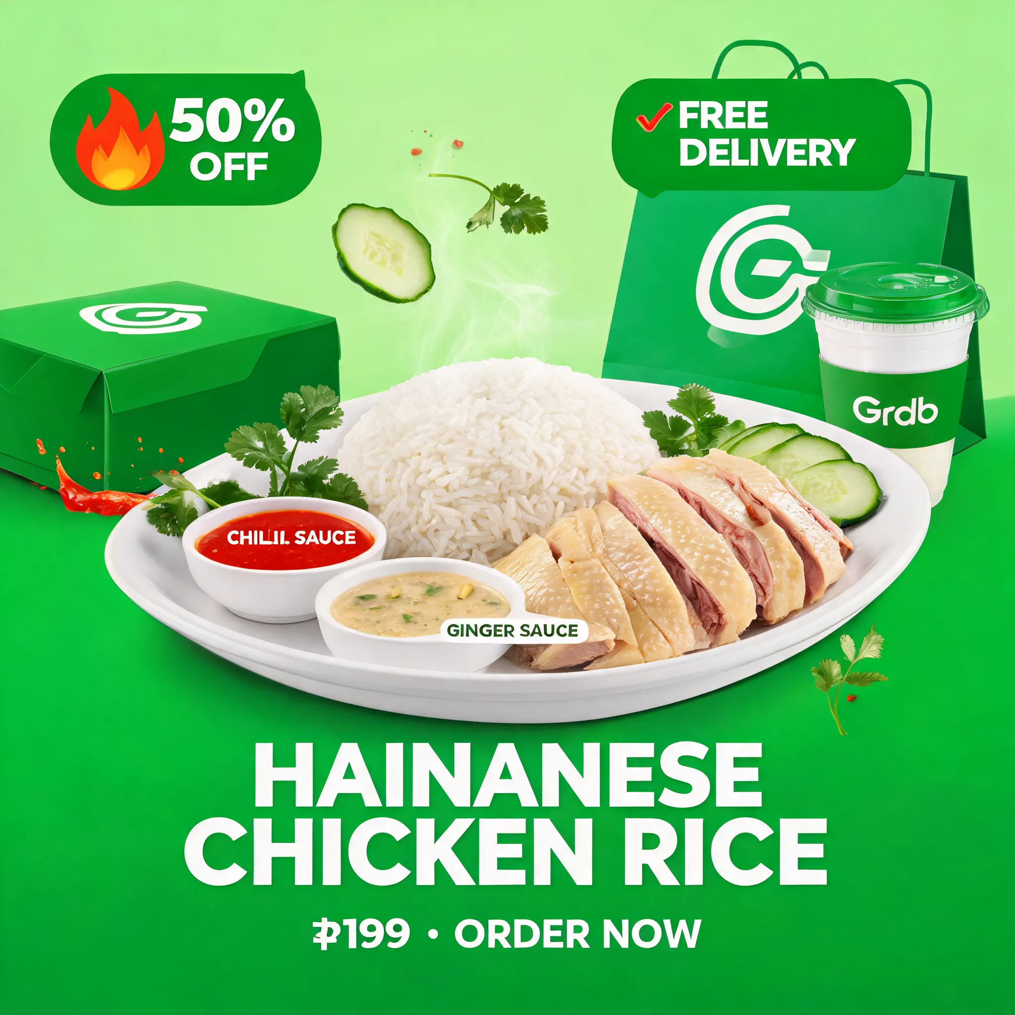 A premium Southeast Asian food delivery app hero banner featuring authentic Hainanese Chicken Rice as the main focus, juicy poached chicken with glossy skin, fragrant jasmine rice, vibrant chili sauce, ginger sauce, cucumber slices, fresh cilantro, realistic steam rising, beautifully styled on modern takeaway tableware with branded takeaway box, delivery paper bag and drink, bright clean gradient background in GrabFood-style green, dynamic food splash effects, floating fresh ingredients, modern mobile app advertising composition, centered food presentation, large copy space for discount badges, voucher labels, price tags and promotional text, high click-through food delivery campaign, commercial food photography, vibrant colors, premium restaurant branding, ultra realistic, 8K