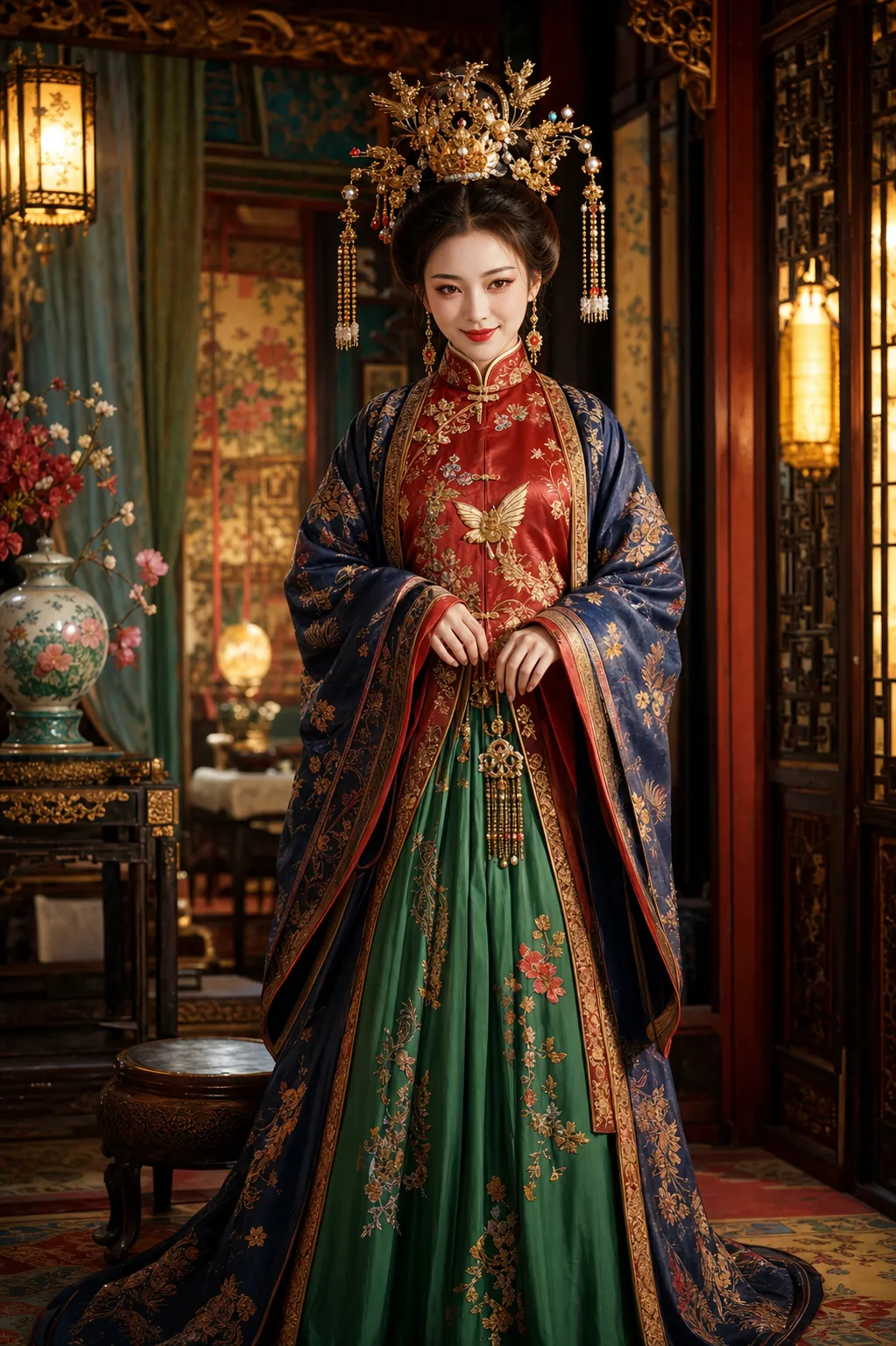 A dazzling noblewoman from an aristocratic Chinese household, richly dressed and commanding, like a radiant goddess. She wears an ornate golden hairpiece with pearls, phoenix hairpins, a red embroidered satin jacket with golden butterflies and floral patterns, a dark blue silk outer robe with luxurious trim, and a green embroidered skirt. She has sharp phoenix-shaped eyes, arched willow brows, a slim figure, rosy face, and red lips smiling before she speaks. Her expression is charming, clever, warm on the surface but calculating and powerful underneath. Luxurious mansion interior, vivid colors, gold jewelry, elegant authority, highly detailed, cinematic realism, classical Chinese courtly aesthetic.
