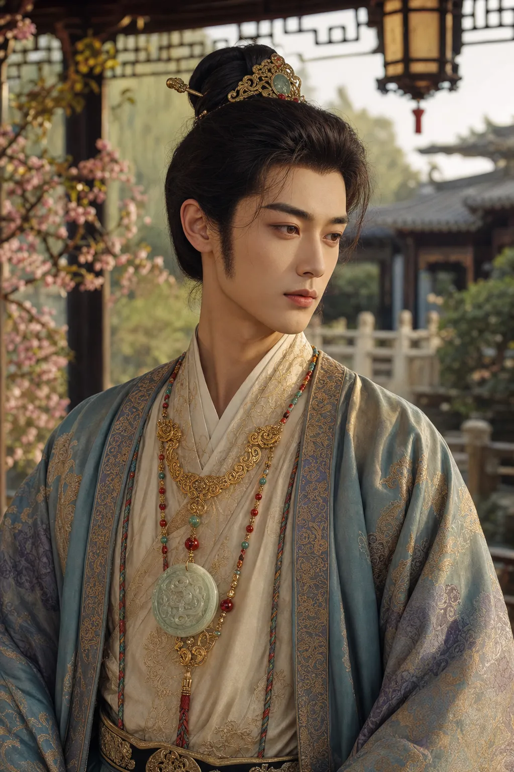 A handsome young nobleman from classical Chinese literature, gentle and refined, with a face like a bright autumn moon and the freshness of spring flowers. He has neatly shaped sideburns, ink-painted brows, a straight elegant nose, and affectionate clear eyes. Even when angry, he still seems tender and smiling. He wears luxurious traditional Chinese noble clothing, a golden ornamented necklace, colorful silk cord, and a precious jade pendant on his chest. His temperament is soft-hearted, empathetic, innocent, romantic, and resistant to rigid social rules. Elegant aristocratic garden background, warm soft lighting, graceful and poetic atmosphere, highly detailed, cinematic realism.