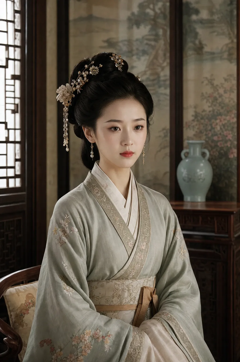 A dignified young noblewoman from classical Chinese literature, graceful, calm, and composed. She has naturally red lips, dark delicate brows, a round luminous face like a silver basin, and almond-shaped watery eyes. Her beauty is full, serene, polished, and restrained. She wears refined traditional Chinese robes in elegant muted colors, with tasteful embroidery and modest jewelry. Her posture is poised and proper, her expression quiet and unreadable, suggesting intelligence, emotional restraint, social tact, and deep self-control. Aristocratic interior setting, refined classical Chinese decor, soft balanced lighting, realistic portrait, elegant and composed atmosphere.