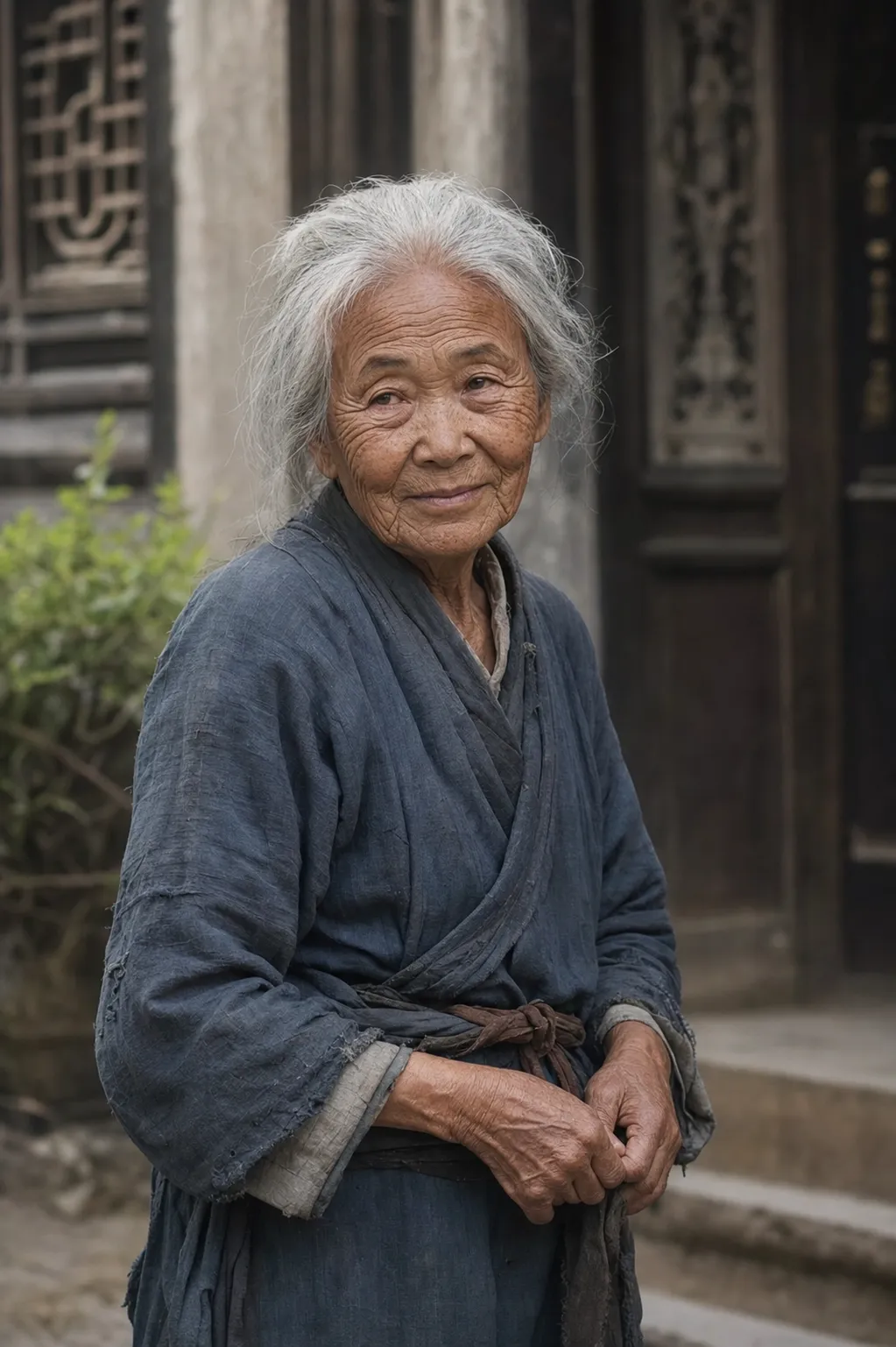 An elderly rural Chinese woman from classical Chinese literature, humble yet wise and resilient. She has messy white hair, dark rough sun-weathered skin, deep wrinkles across her face, calloused hands, and a slightly hunched back. She wears faded coarse blue-gray cotton clothes, simple and worn from years of labor. Her expression is cautious, practical, warm, humorous, and deeply observant. She looks rustic and plain on the surface, but her eyes show worldly wisdom, kindness, flexibility, and survival intelligence. Simple countryside-to-aristocratic-mansion contrast, natural lighting, realistic character portrait, grounded and lifelike, classical Chinese aesthetic.