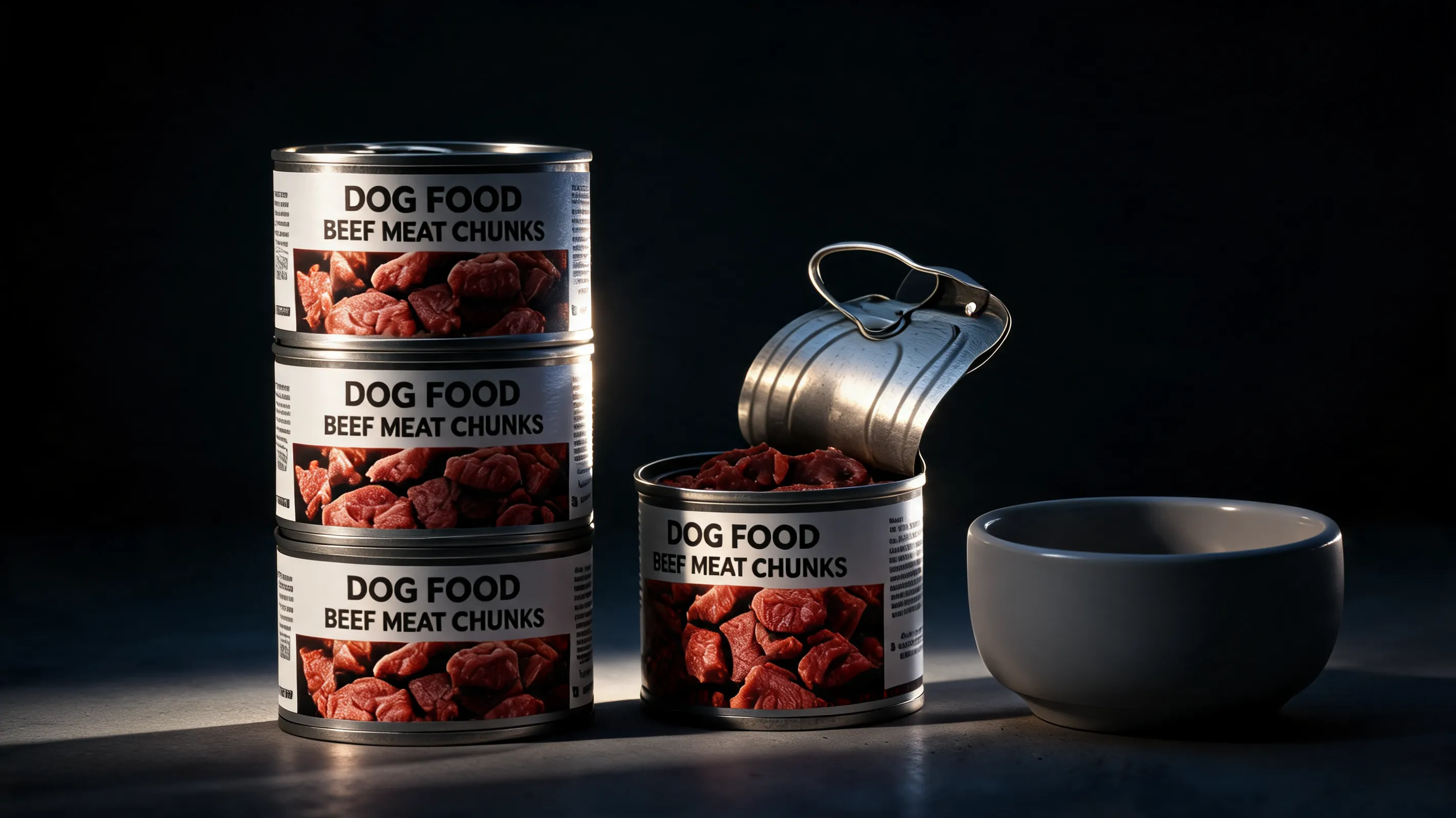 Strictly preserve the original shape, color, texture, and logo of Dog Food without any alteration. Set against a deep dark background with a single side backlight illuminating the edges to highlight the brushed metal texture. High-tech and mysterious atmosphere, commercial photography grade, dramatic lighting, cinematic, 8K.