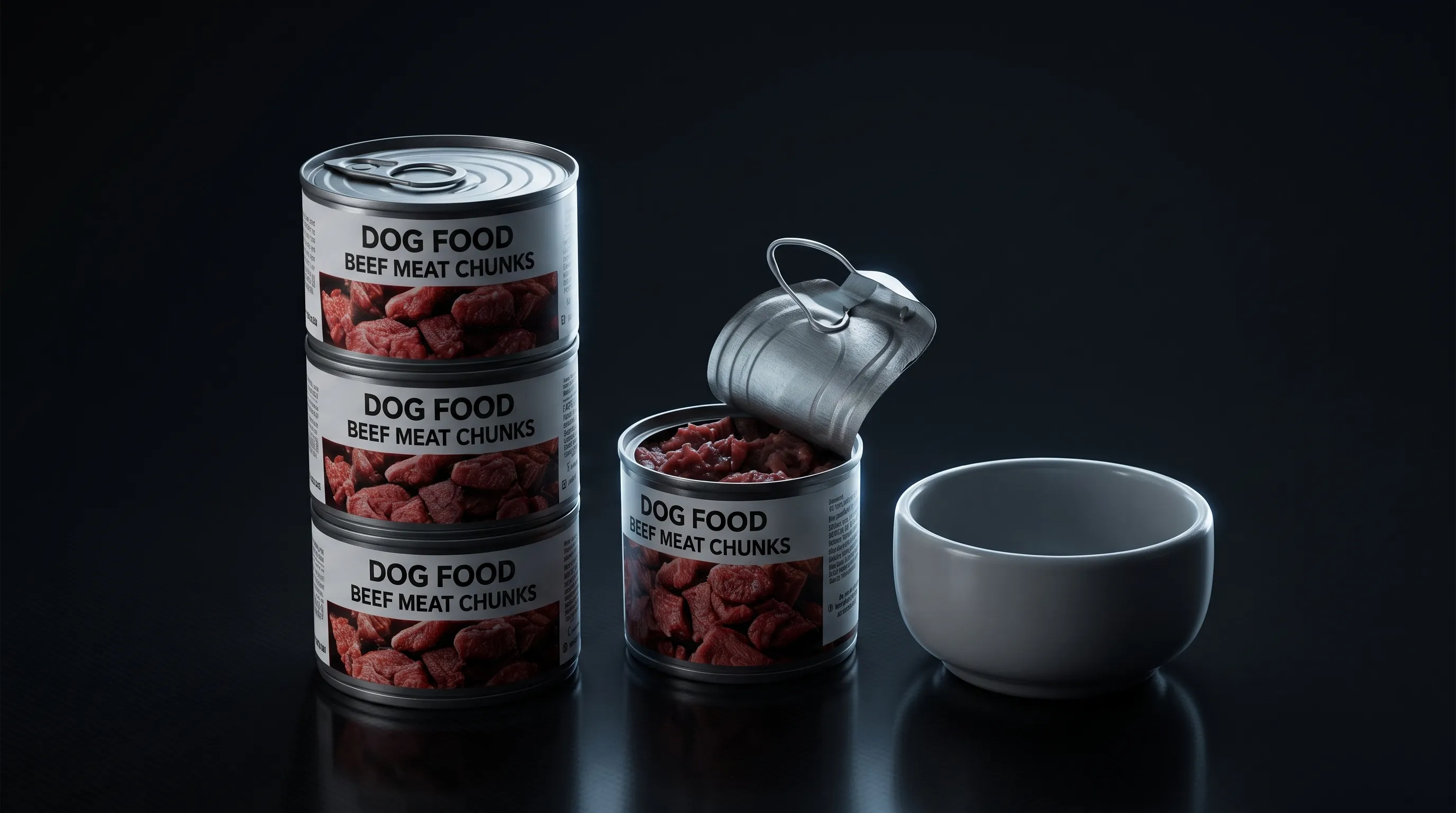 Strictly preserve the original shape, color, texture, and logo of Dog Food without any alteration. Set against a deep dark background with a single side backlight illuminating the edges to highlight the brushed metal texture. High-tech and mysterious atmosphere, commercial photography grade, dramatic lighting, cinematic, 8K.