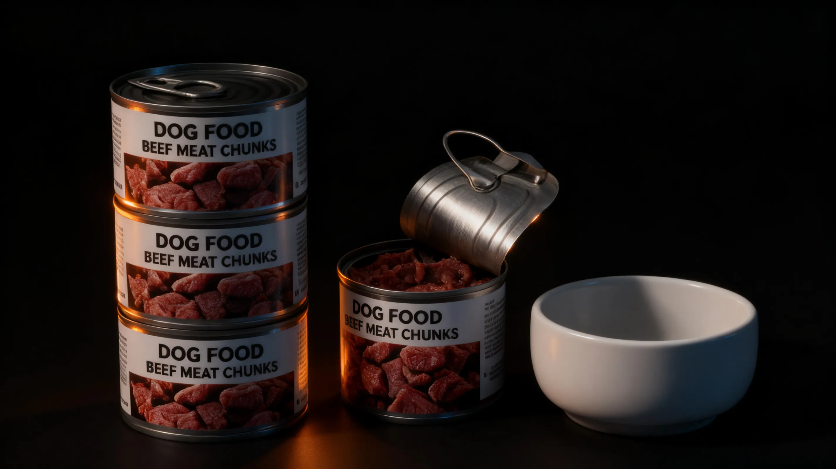 Strictly preserve the original shape, color, texture, and logo of Dog Food without any alteration. Set against a deep dark background with a single side backlight illuminating the edges to highlight the brushed metal texture. High-tech and mysterious atmosphere, commercial photography grade, dramatic lighting, cinematic, 8K.