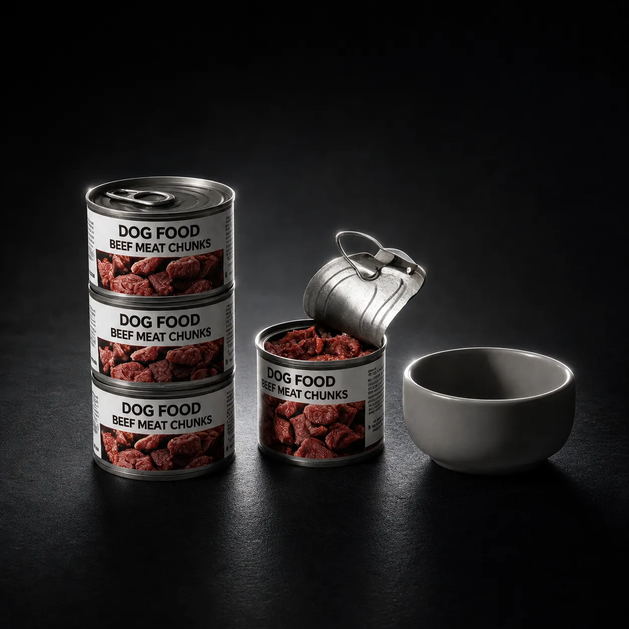 Strictly preserve the original shape, color, texture, and logo of Dog Food without any alteration. Set against a deep dark background with a single side backlight illuminating the edges to highlight the brushed metal texture. High-tech and mysterious atmosphere, commercial photography grade, dramatic lighting, cinematic, 8K.