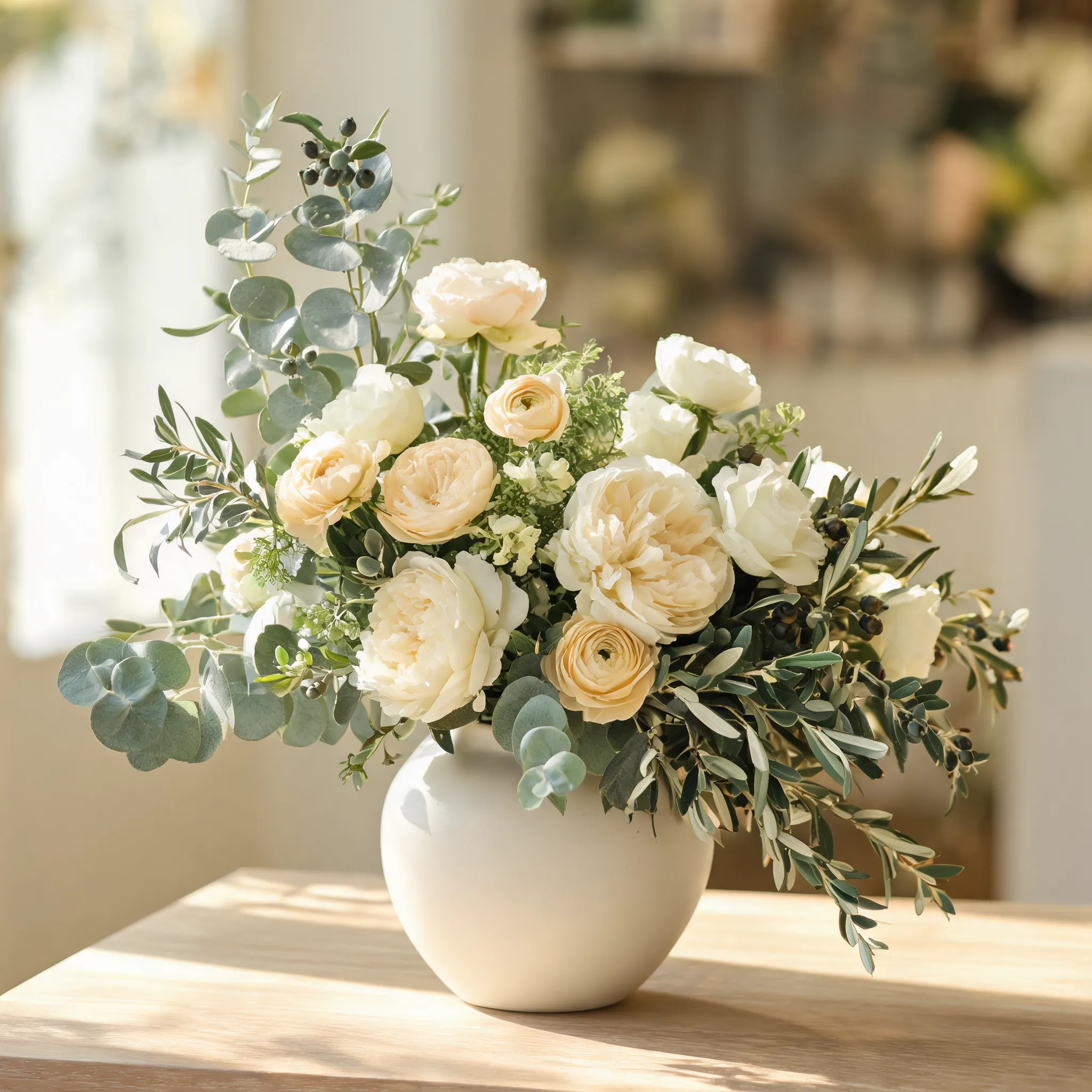 A professional floral arrangement in elegant French garden style, featuring white roses, cream peonies, champagne ranunculus, eucalyptus, olive branches, and soft seasonal greenery, arranged in a matte ceramic vase, asymmetrical composition, natural flowing lines, layered floral design, airy structure, luxurious florist styling, realistic fresh flowers, soft natural daylight, premium flower shop display, highly detailed botanical textures, elegant color palette, photorealistic, 8K