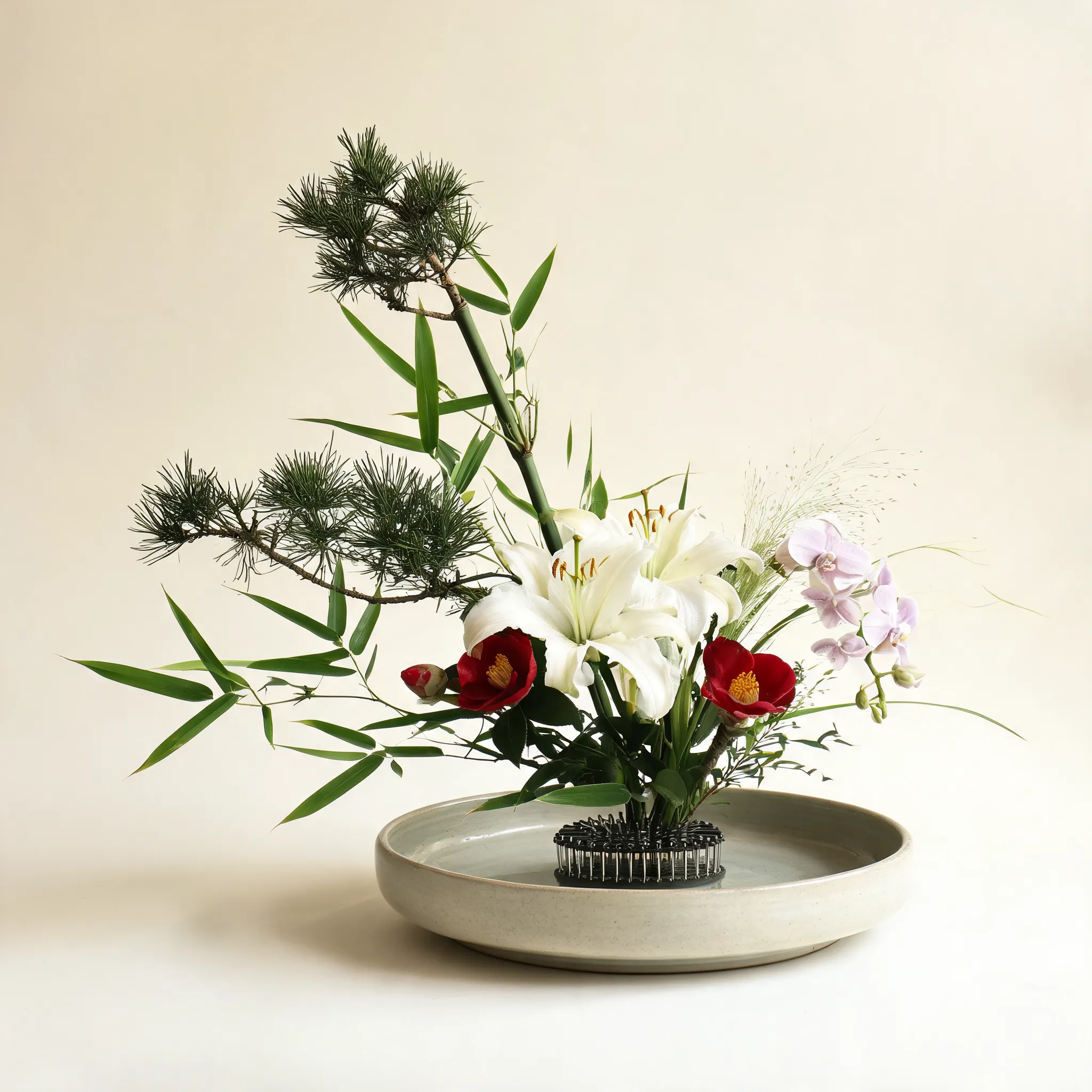 A minimalist Japanese Ikebana floral arrangement, featuring white lilies, red camellias, orchids, pine branches, bamboo leaves, and delicate wild grasses, arranged in a traditional shallow ceramic container with a kenzan flower frog, balanced asymmetrical composition, plenty of negative space, zen aesthetic, refined elegance, natural lighting, highly detailed botanical realism, museum-quality floral art, photorealistic, 8K