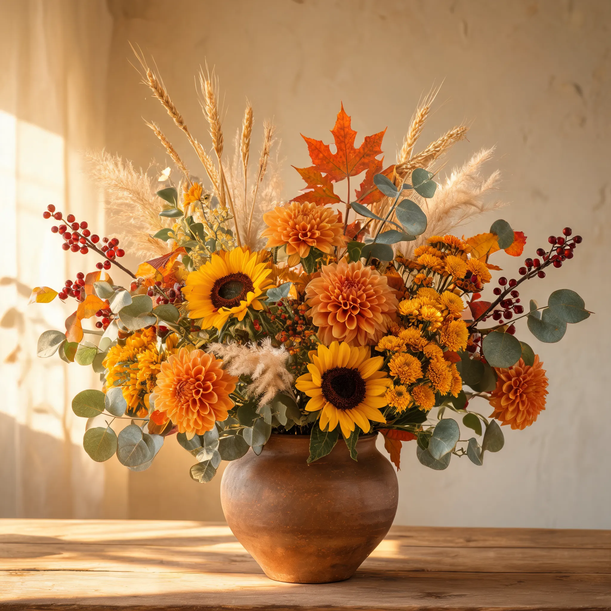 A warm autumn floral arrangement featuring orange dahlias, sunflowers, chrysanthemums, dried wheat, pampas grass, eucalyptus, berries, and maple leaves, arranged in a rustic ceramic vase, rich seasonal colors, layered composition, natural organic movement, professional florist design, cozy farmhouse atmosphere, realistic botanical details, soft golden sunlight, photorealistic, 8K