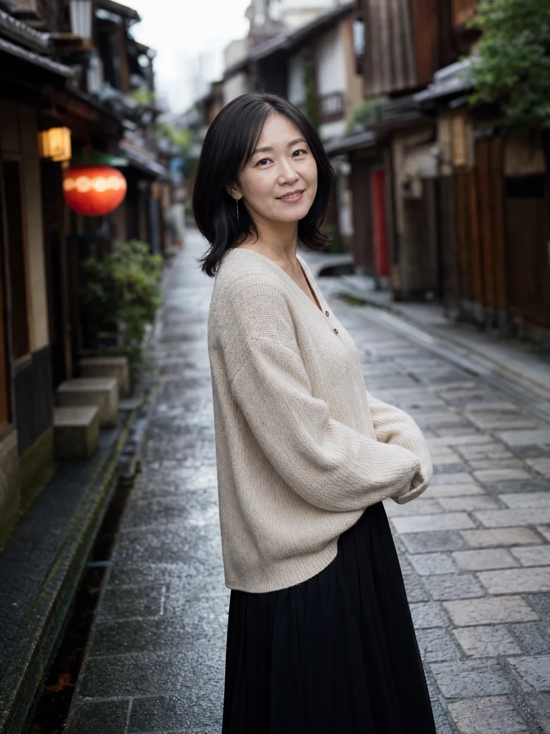 A realistic portrait of a Japanese woman over 25 years old, natural facial features, medium-length black hair, soft makeup, wearing a cream knit cardigan and a dark midi skirt, standing in a quiet Kyoto stone alley in the early morning, traditional wooden houses, paper lanterns, slightly wet street, soft morning light, shallow depth of field, realistic photography, 85mm portrait lens, natural skin texture, high detail, cinematic color grading --ar 3:4