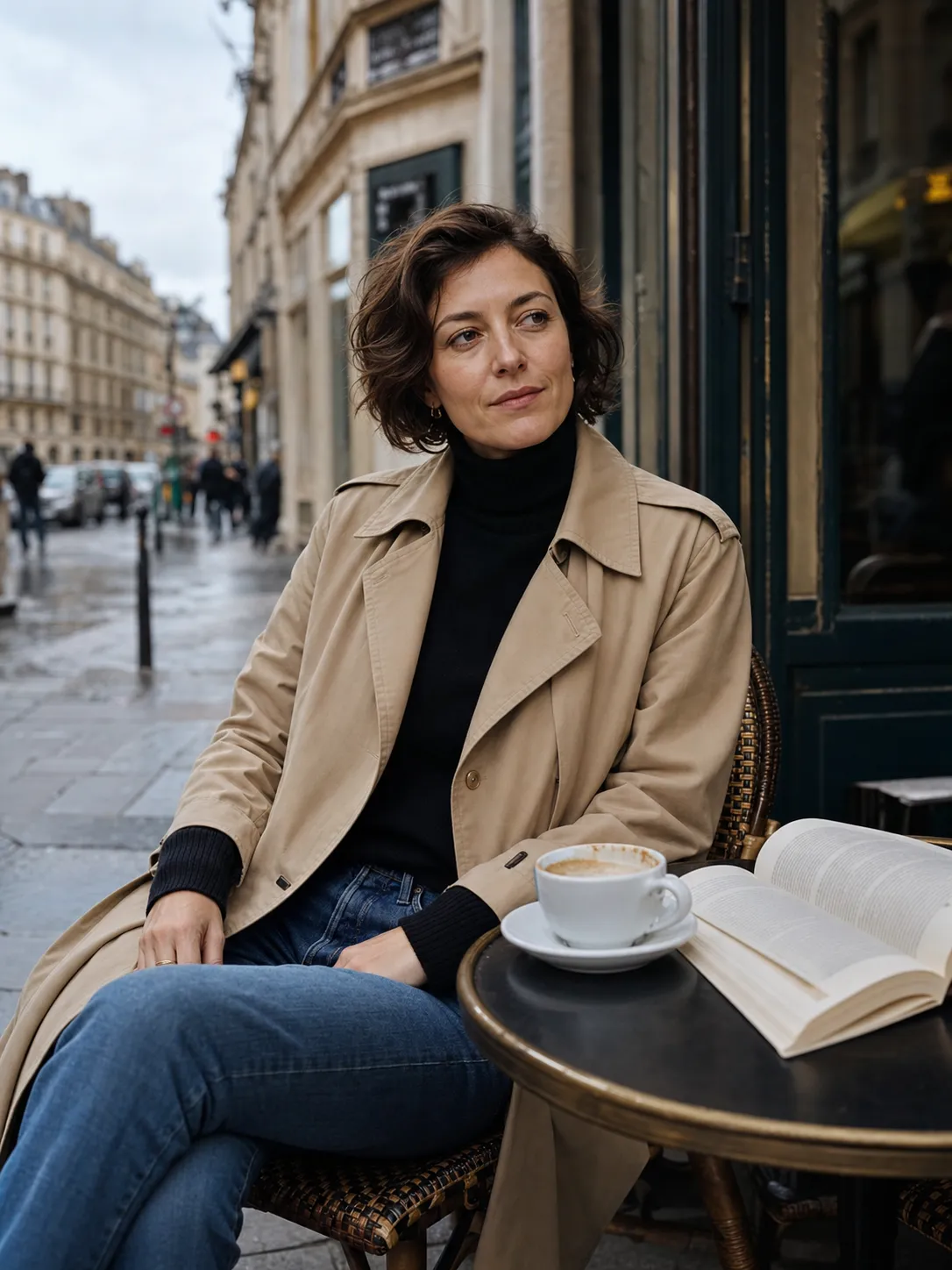 A realistic portrait of a French woman over 25 years old, elegant and natural appearance, short wavy brown hair, wearing a black turtleneck sweater, light khaki trench coat, and straight-leg jeans, sitting at a small outdoor table at a Paris street cafe, coffee cup and open book on the table, classic old buildings and pedestrians in the background, overcast soft light, realistic street photography, natural expression, detailed skin texture, 35mm lens --ar 3:4