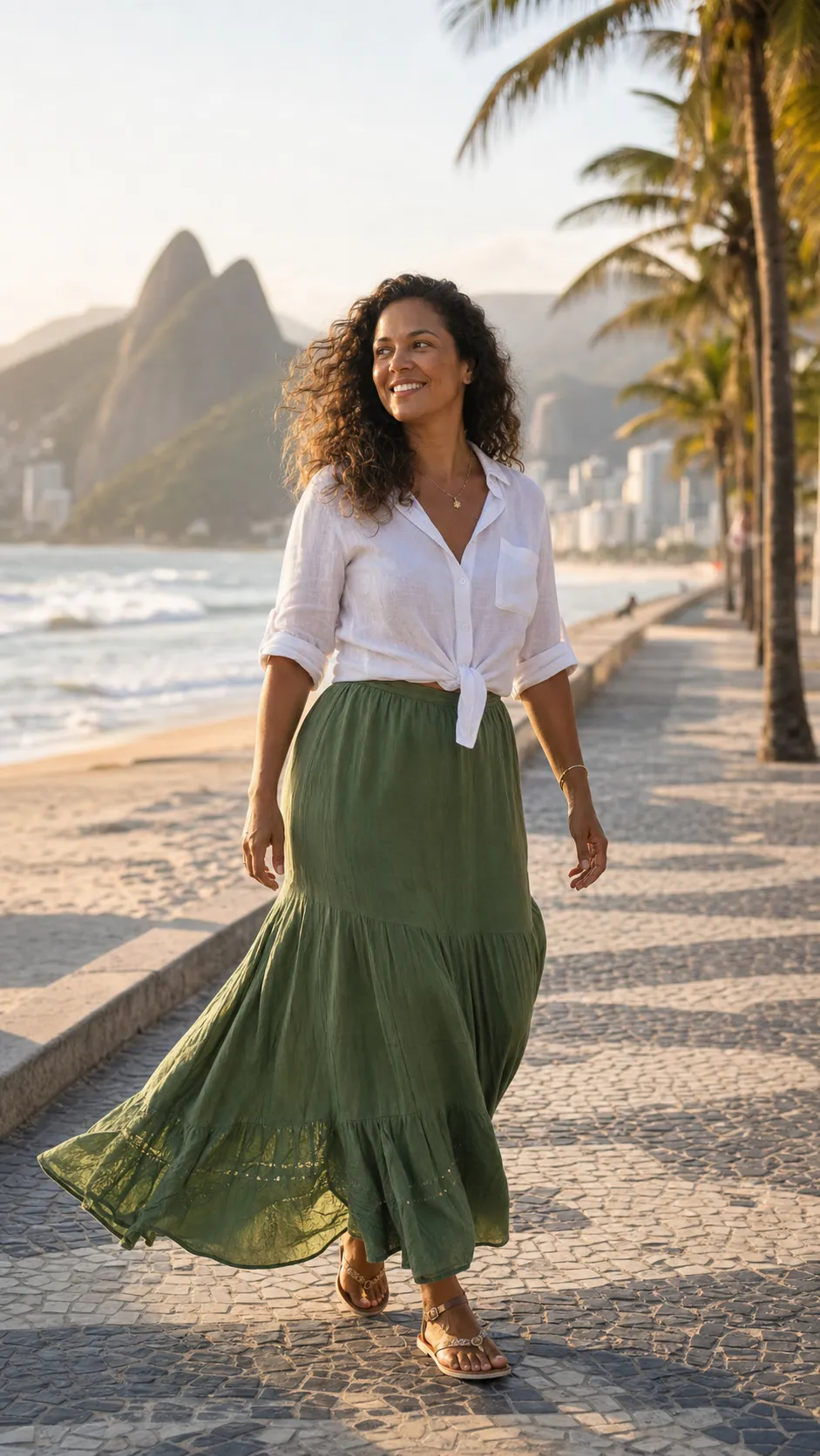 A realistic full-body photo of a Brazilian woman over 25 years old, confident and healthy look, dark brown curly hair, wearing a white linen shirt and a flowing green long skirt, walking along the seaside promenade in Rio de Janeiro, ocean waves, palm trees, and distant mountains in the background, golden hour sunlight, gentle wind moving her clothes and hair, realistic lifestyle photography, warm tones, high detail, natural pose --ar 9:16